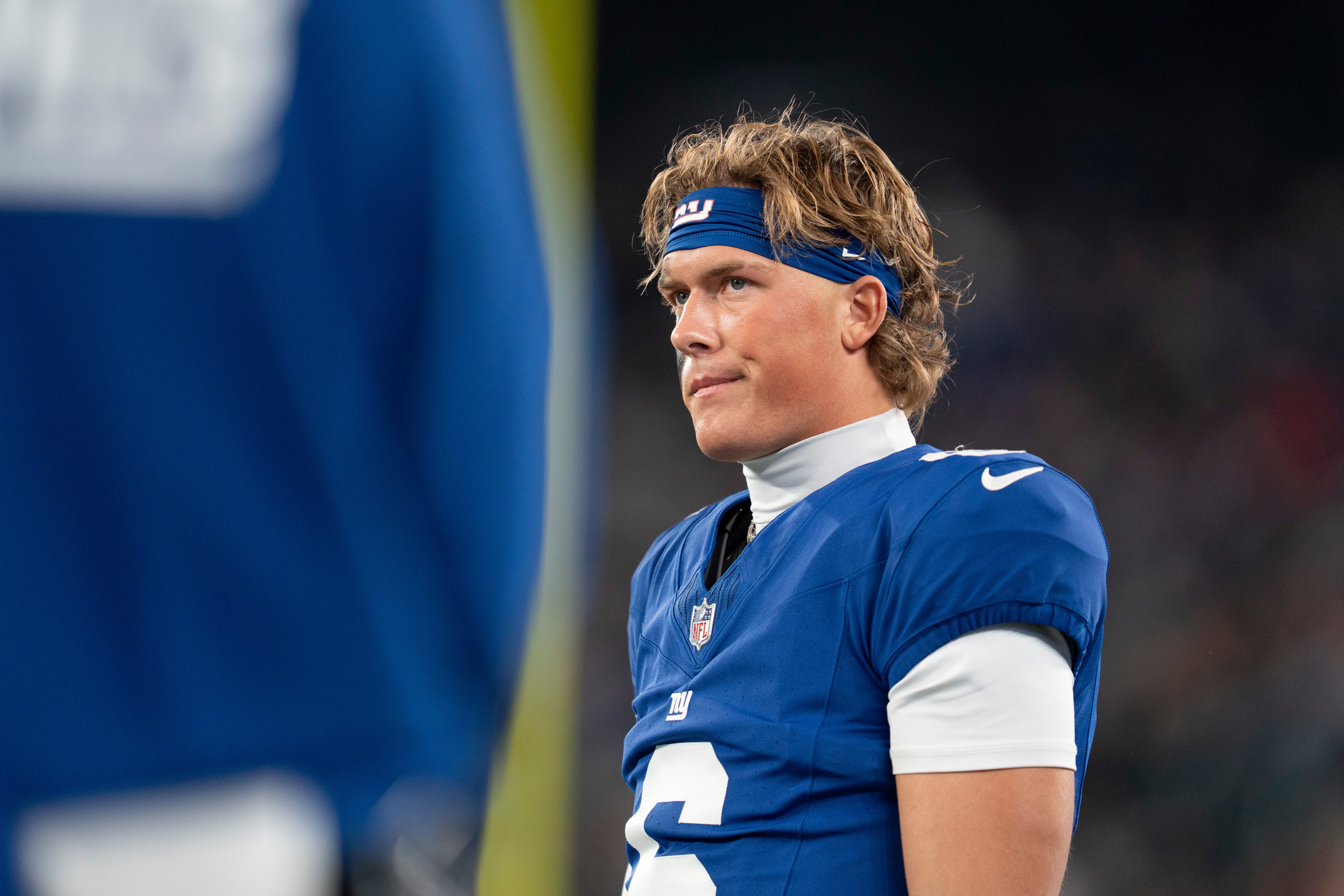 New York Giants quarterback Jaxson Dart (6) stands on the sideline during a Thursday Night Football game between the New York Giants and the Philadelphia Eagles at MetLife Stadium in East Rutherford on Oct. 9, 2025.