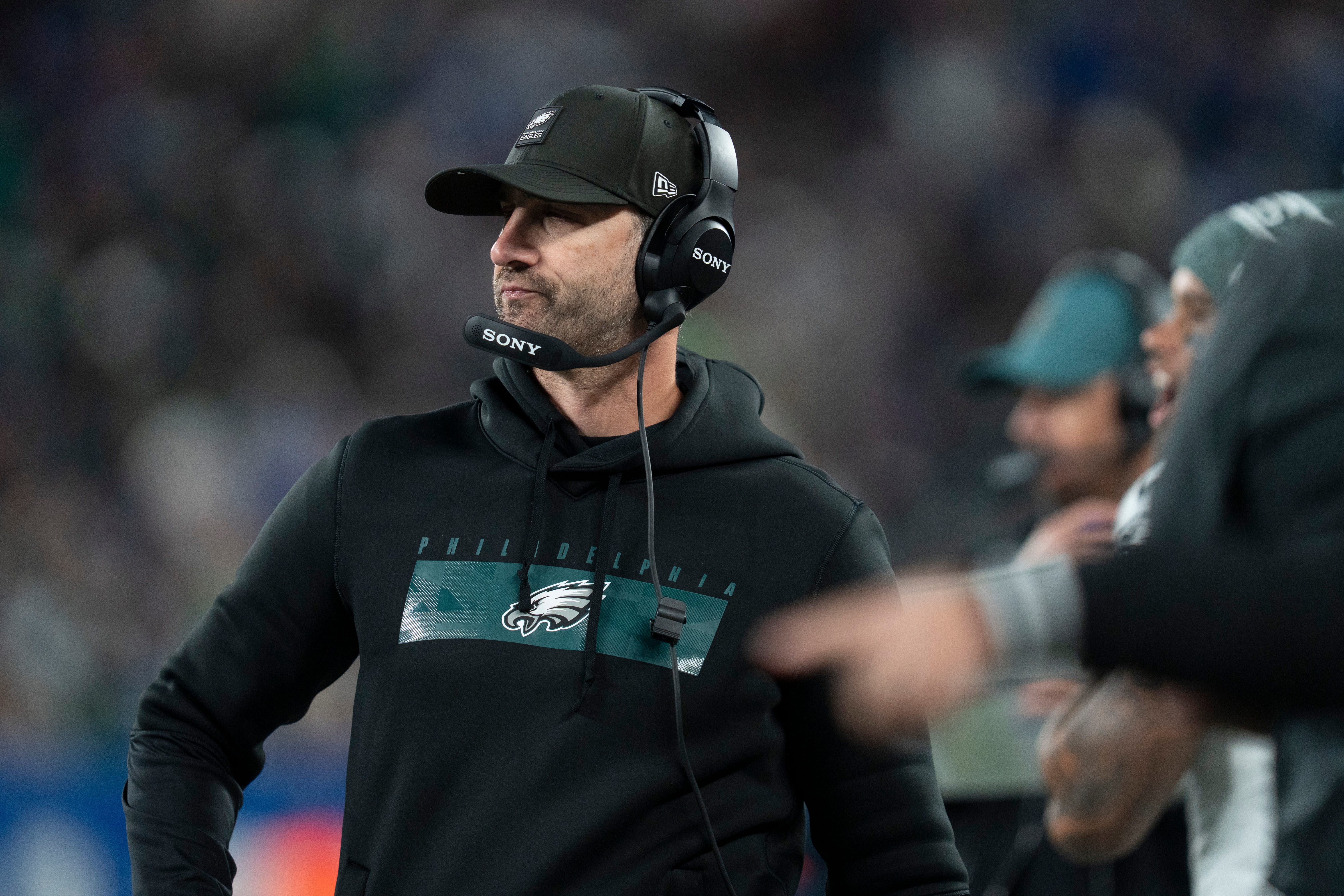 Philadelphia Eagles head coach Nick Sirianni coaches from the sidelines during a Thursday Night Football game between the New York Giants and the Philadelphia Eagles at MetLife Stadium.