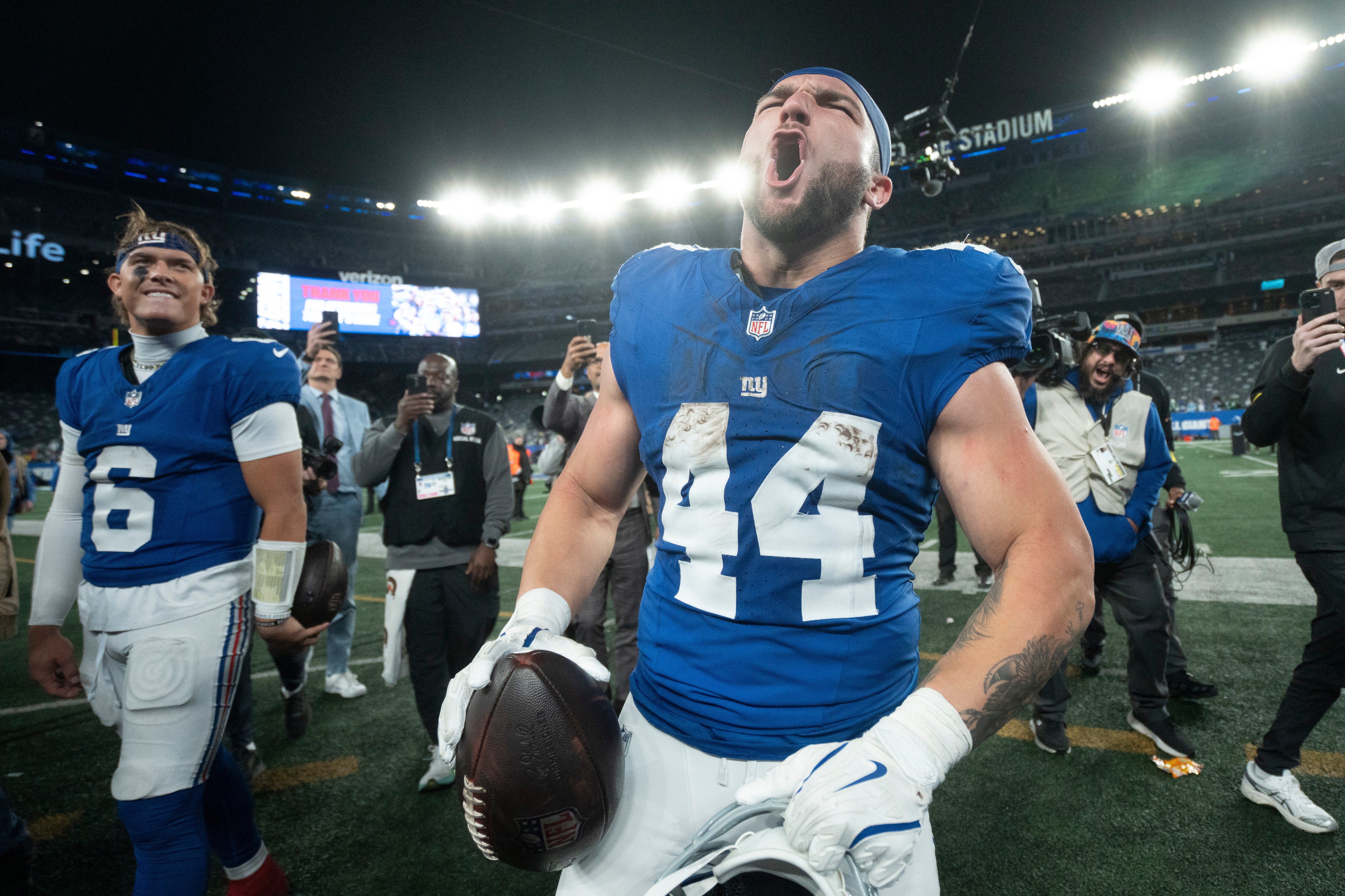 New York Giants running back Cam Skattebo (44) screams after winning a Thursday Night Football game between the New York Giants and the Philadelphia Eagles at MetLife Stadium in East Rutherford on Oct. 9, 2025.