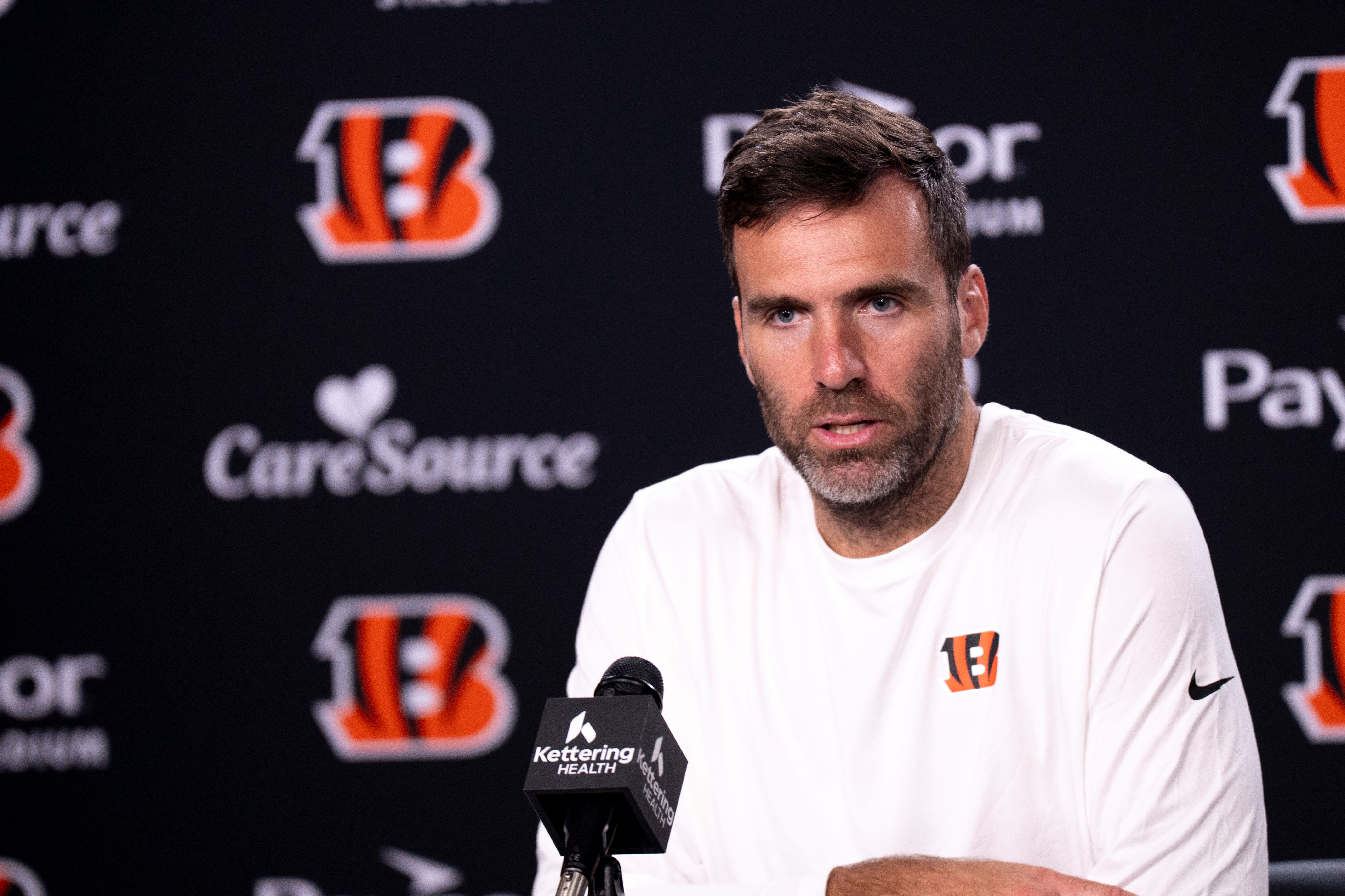 Bengals quarterback Joe Flacco speaks to the media during a press conference in Cincinnati on Oct. 10, 2025.