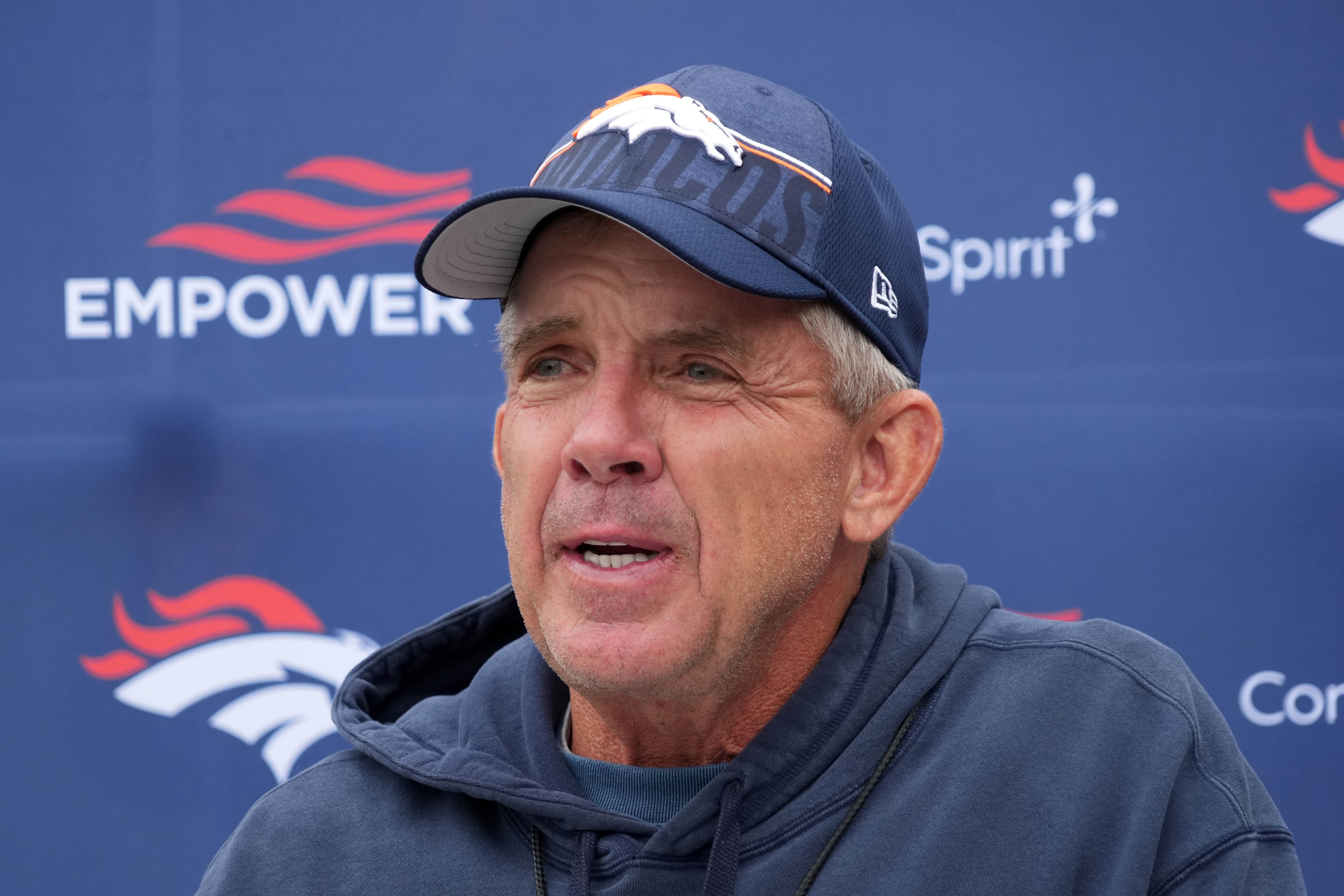 Oct 10, 2025; Ware, United Kingdom; Denver Broncos head coach Sean Payton speaks to media at press conference at the Hanbury Manor.