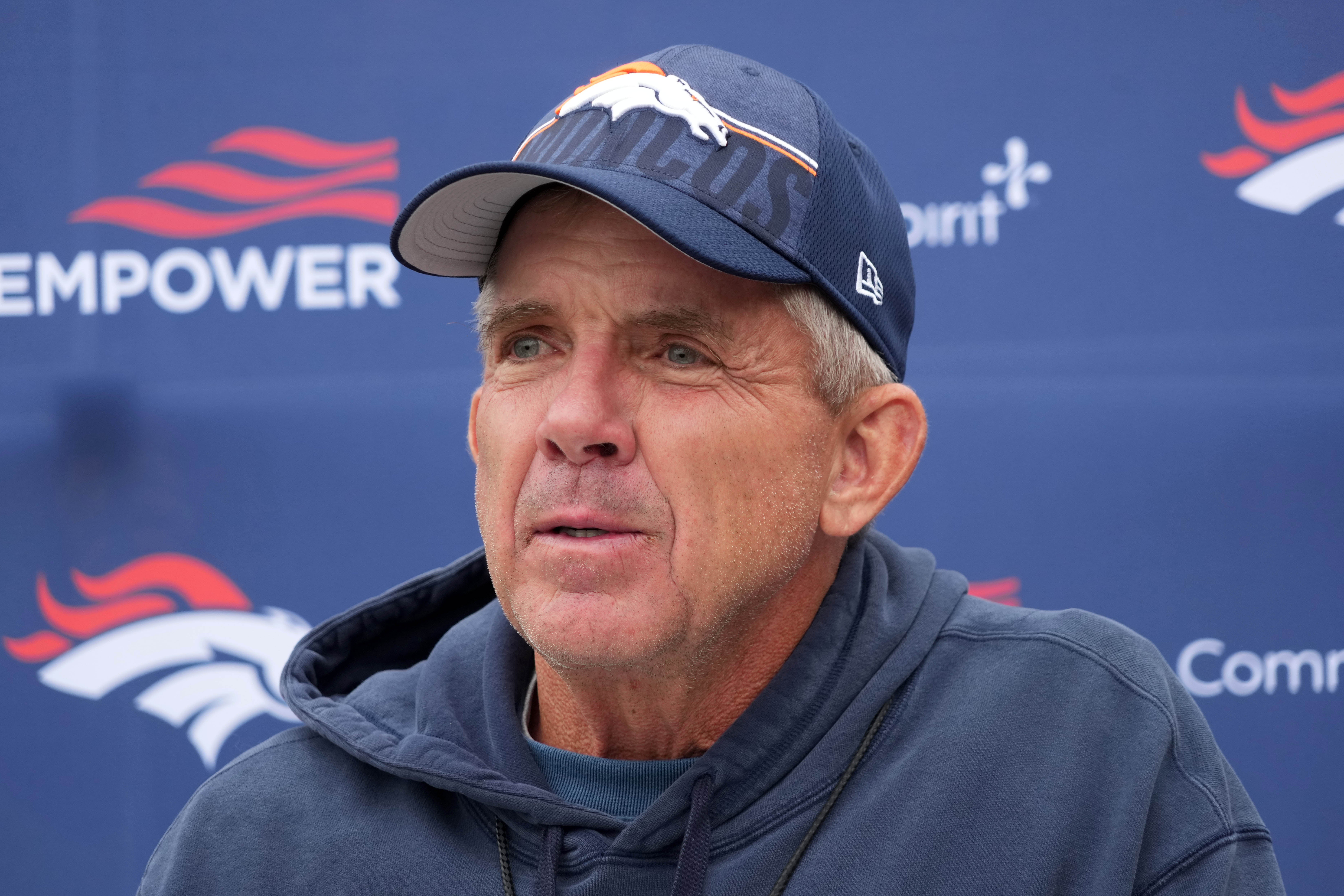 Oct 10, 2025; Ware, United Kingdom; Denver Broncos head coach Sean Payton speaks to media at press conference at the Hanbury Manor.
