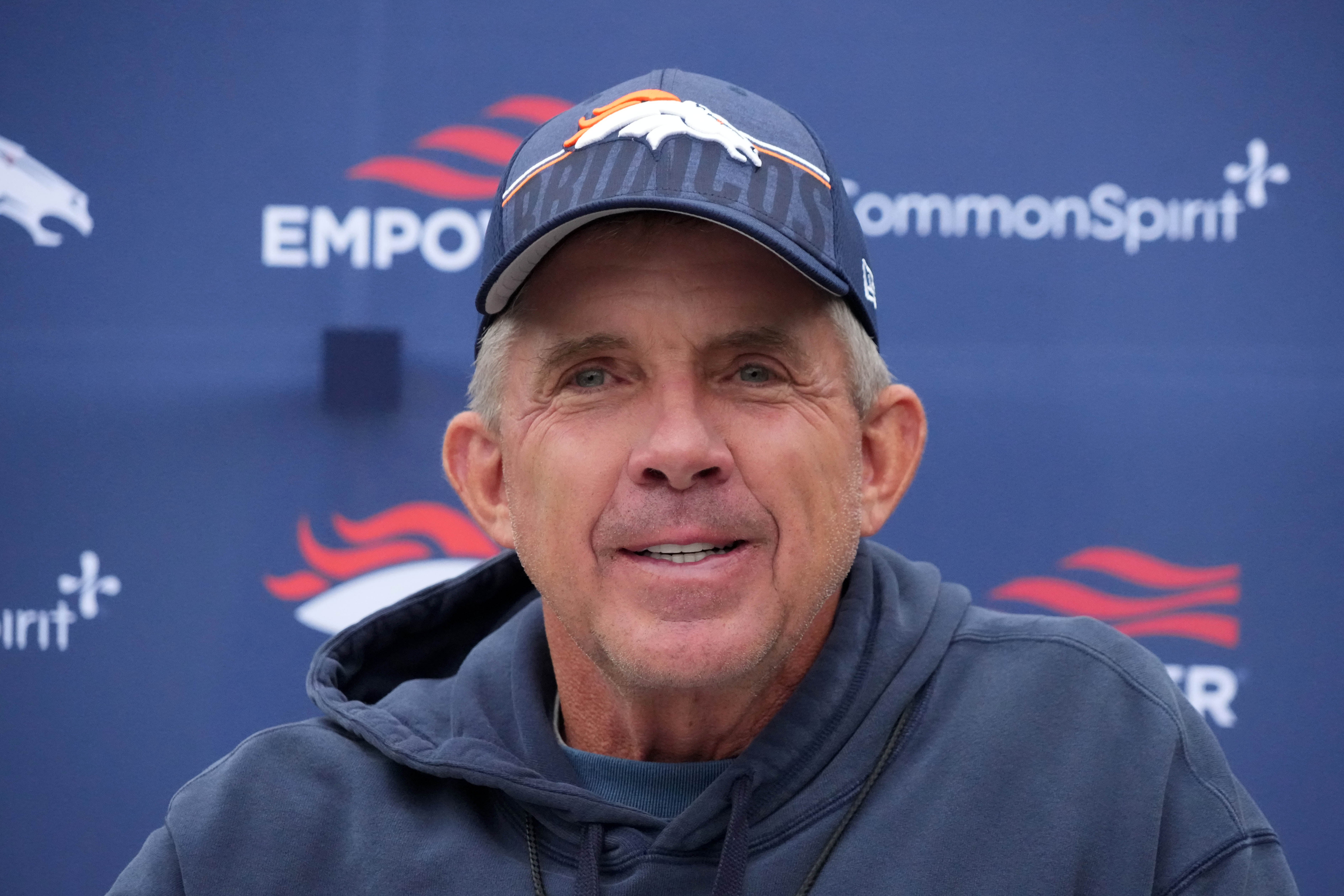 Oct 10, 2025; Ware, United Kingdom; Denver Broncos head coach Sean Payton speaks to media at press conference at the Hanbury Manor.