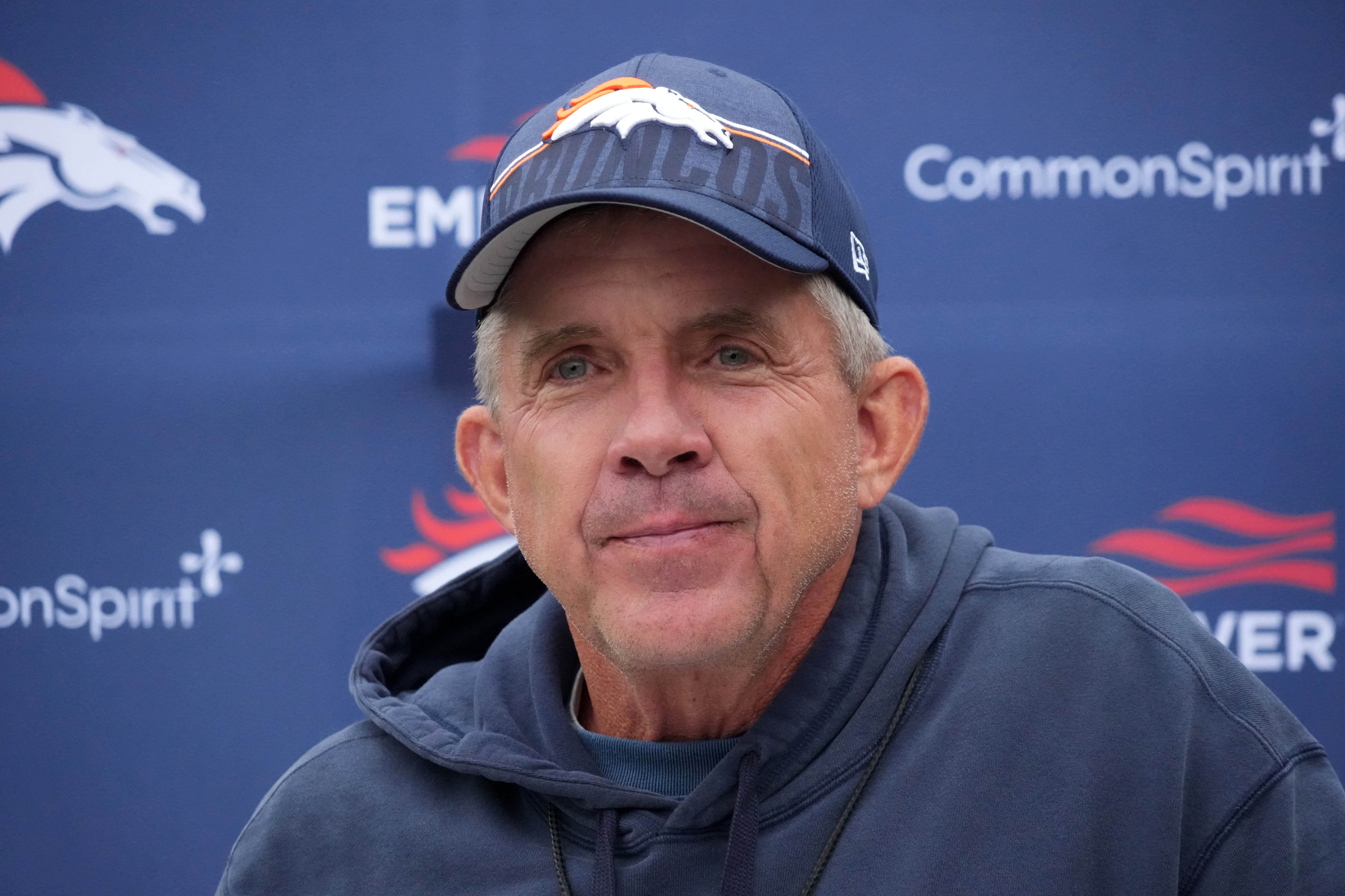 Oct 10, 2025; Ware, United Kingdom; Denver Broncos head coach Sean Payton speaks to media at press conference at the Hanbury Manor.