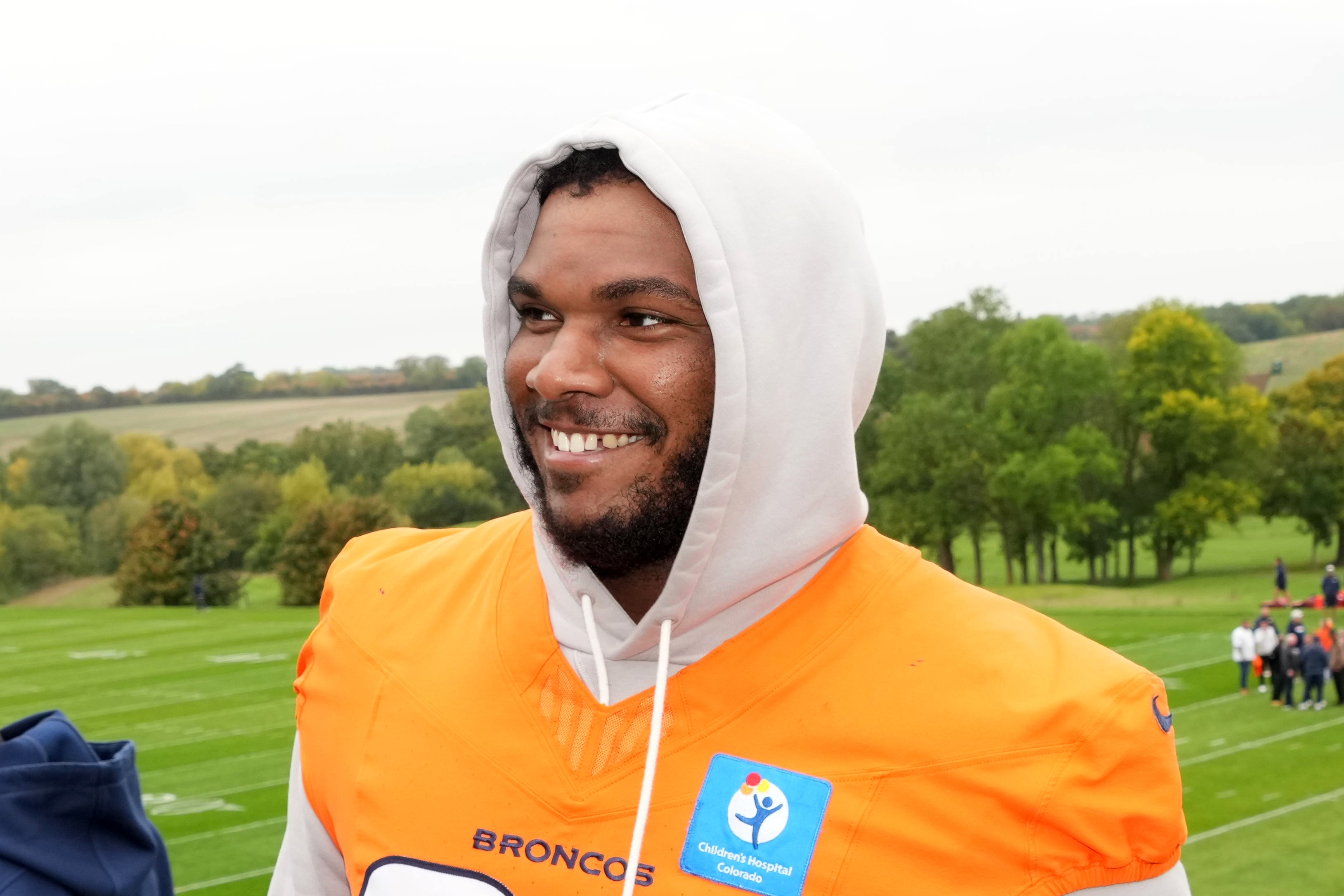 Oct 10, 2025; Ware, United Kingdom; Denver Broncos defensive end John Franklin-Myers (98 during practice at the Hanbury Manor.