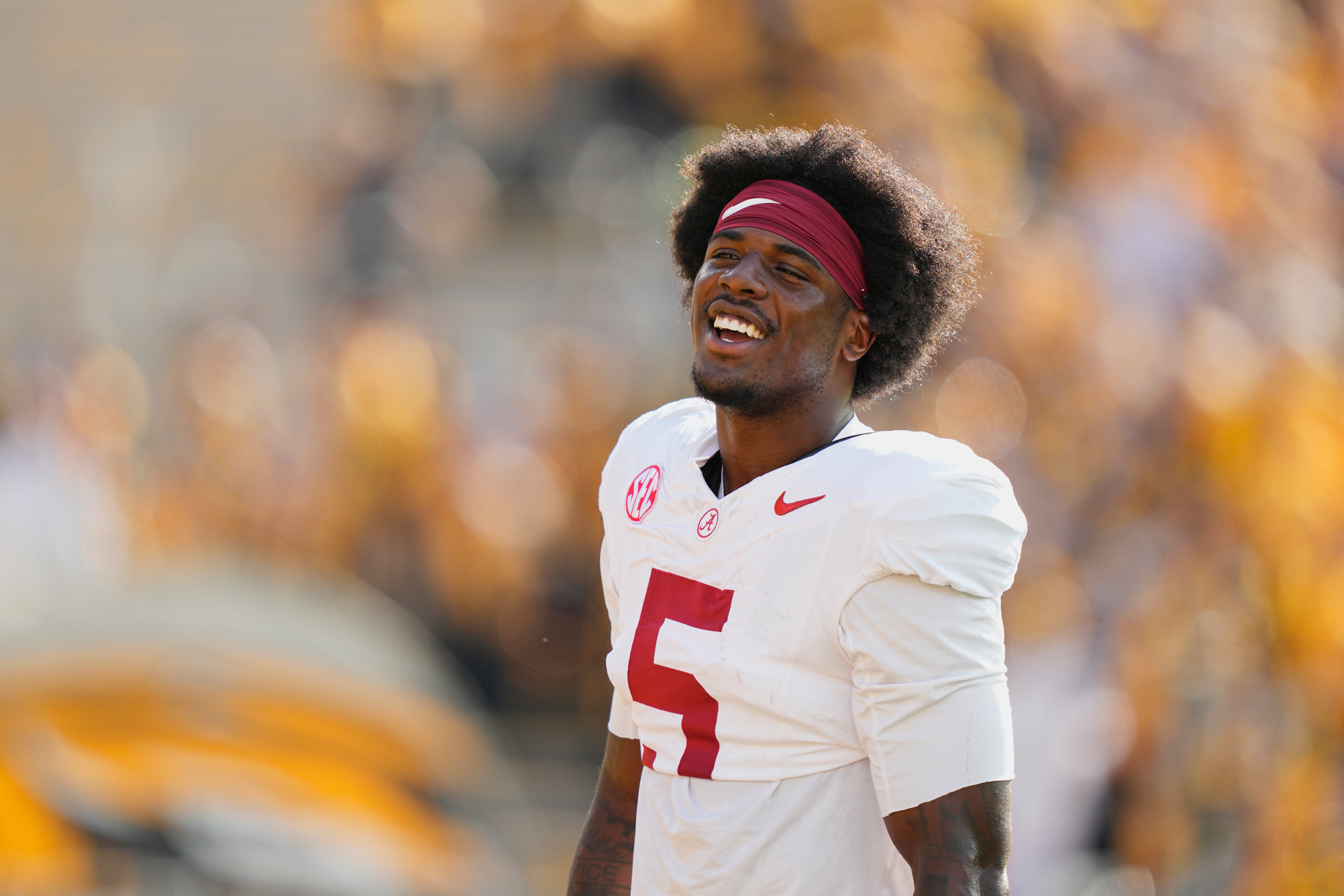 Oct 11, 2025; Columbia, Missouri, USA; Alabama Crimson Tide wide receiver Germie Bernard (5) warms up prior to the game against the Missouri Tigers at Faurot Field at Memorial Stadium.