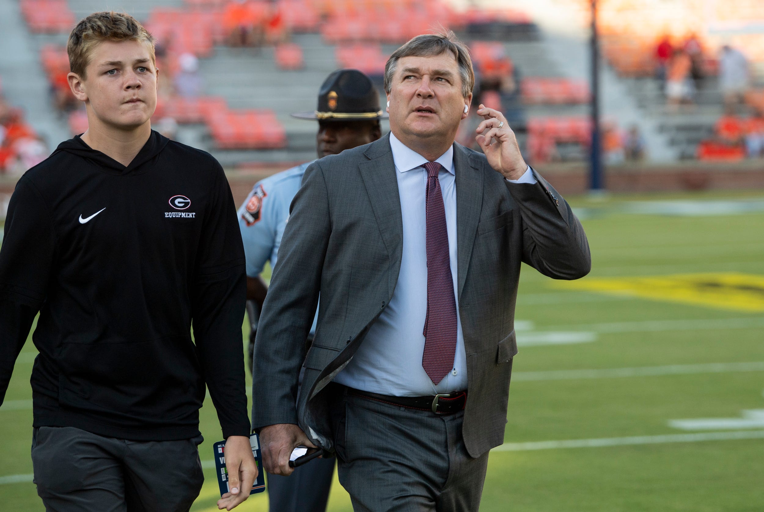Georgia Bulldogs head coach Kirby Smart walks the field before Auburn Tigers take on Georgia Bulldogs at Jordan-Hare Stadium in Auburn, Ala. on Saturday, Oct. 11, 2025.