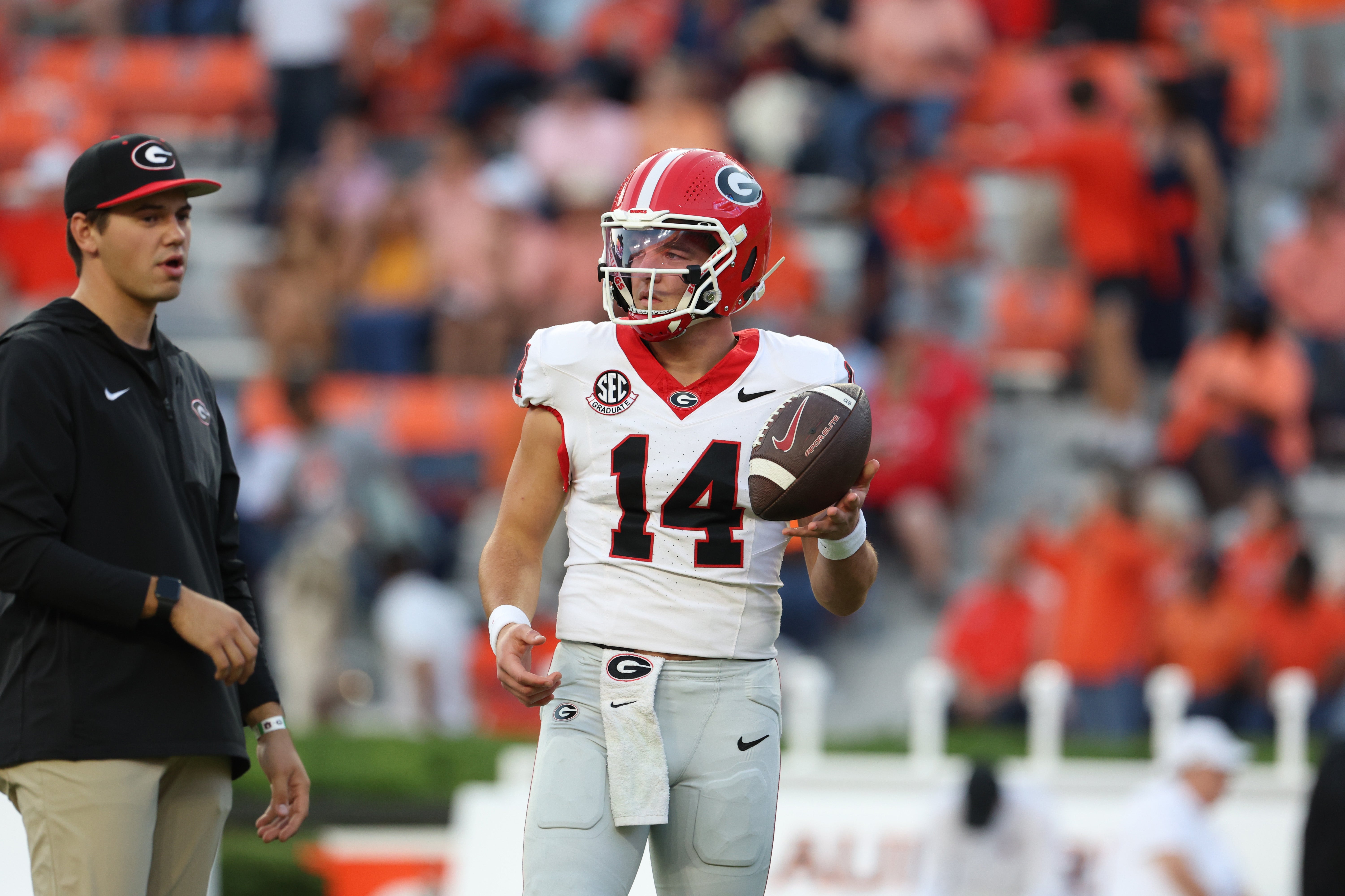 Oct 11, 2025; Auburn, Alabama, USA; Georgia Bulldogs quarterback Gunner Stockton (14) warms up before the game against the Auburn Tigers at Jordan-Hare Stadium.