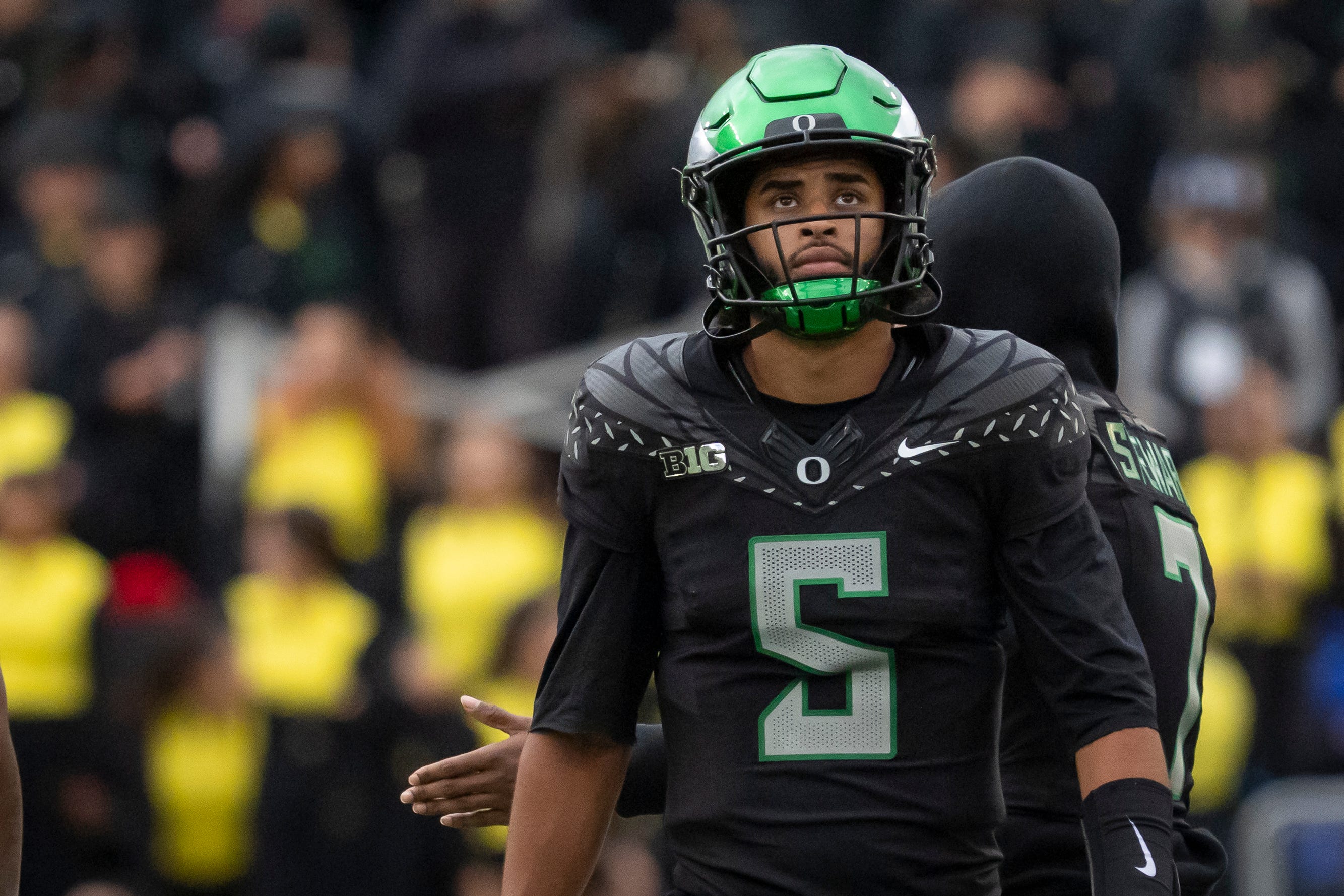 Oregon quarterback Dante Moore looks toward the scoreboard as the Oregon Ducks host the Indiana Hoosiers Oct. 11, 2025, at Autzen Stadium in Eugene, Oregon.