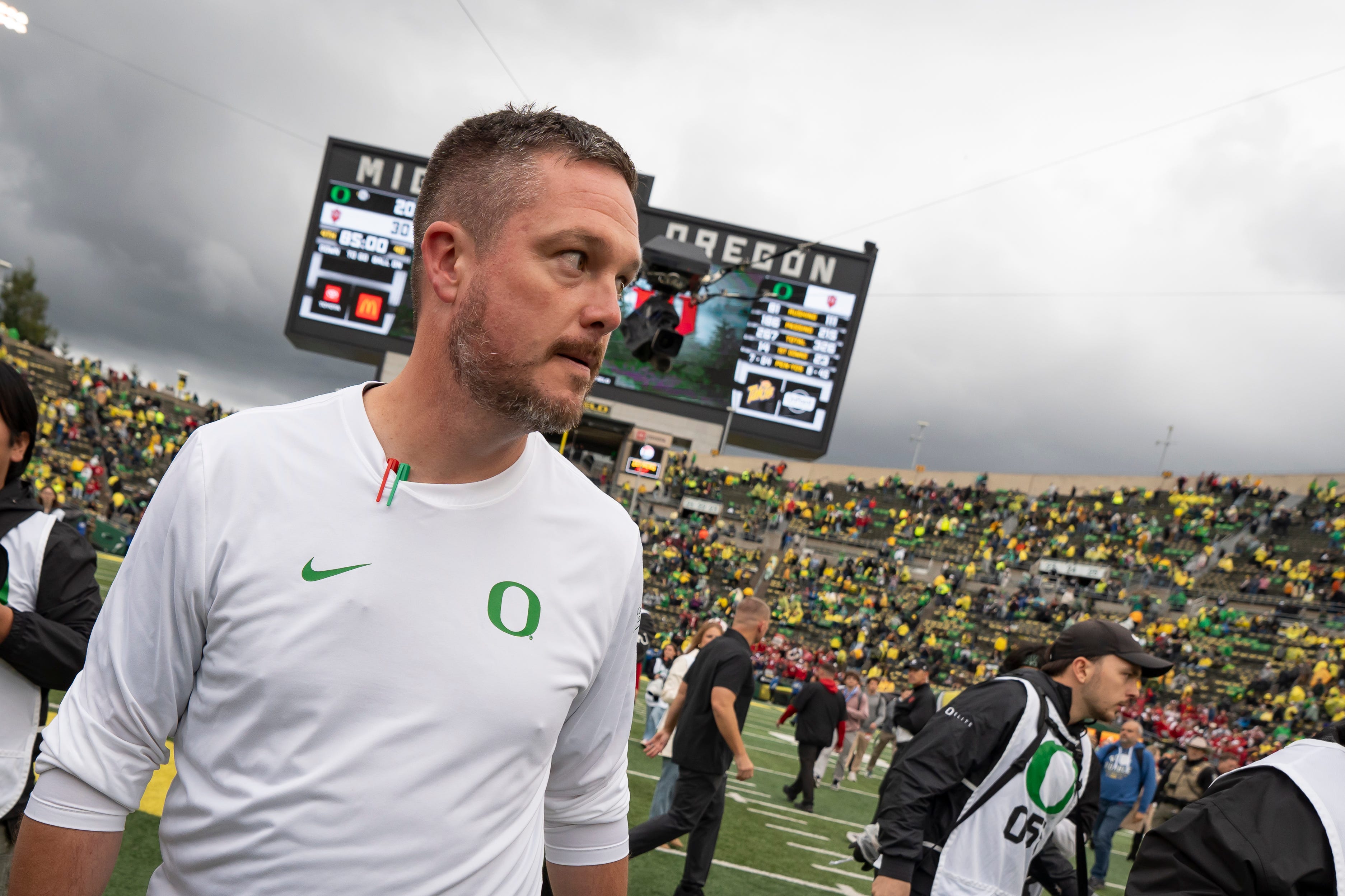 Oregon head coach Dan Lanning walks off the field as the Oregon Ducks host the Indiana Hoosiers Oct. 11, 2025, at Autzen Stadium in Eugene, Oregon.