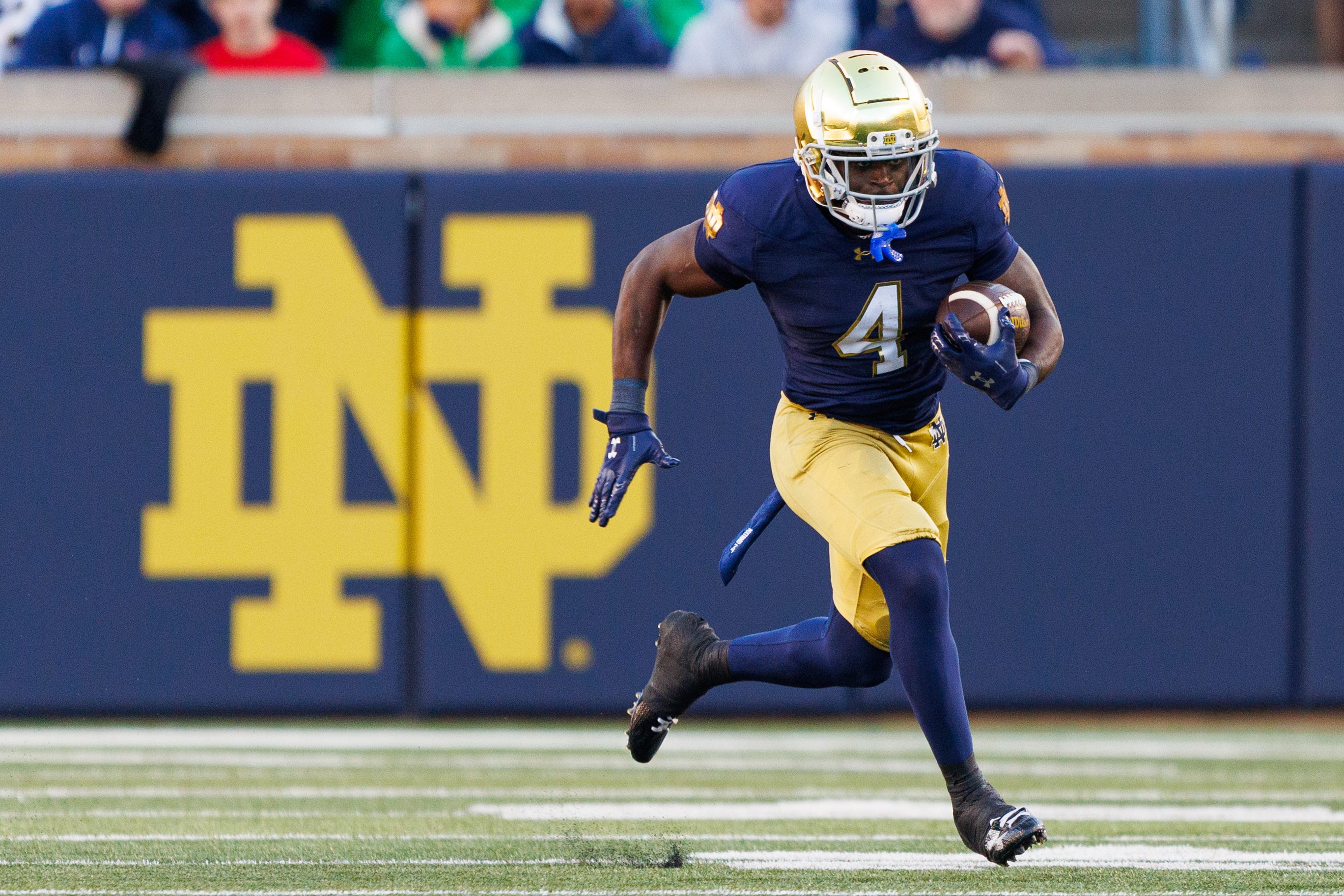 Notre Dame running back Jeremiyah Love runs with the ball in the second half of a NCAA football game against NC State at Notre Dame Stadium on Saturday, Oct. 11, 2025, in South Bend.