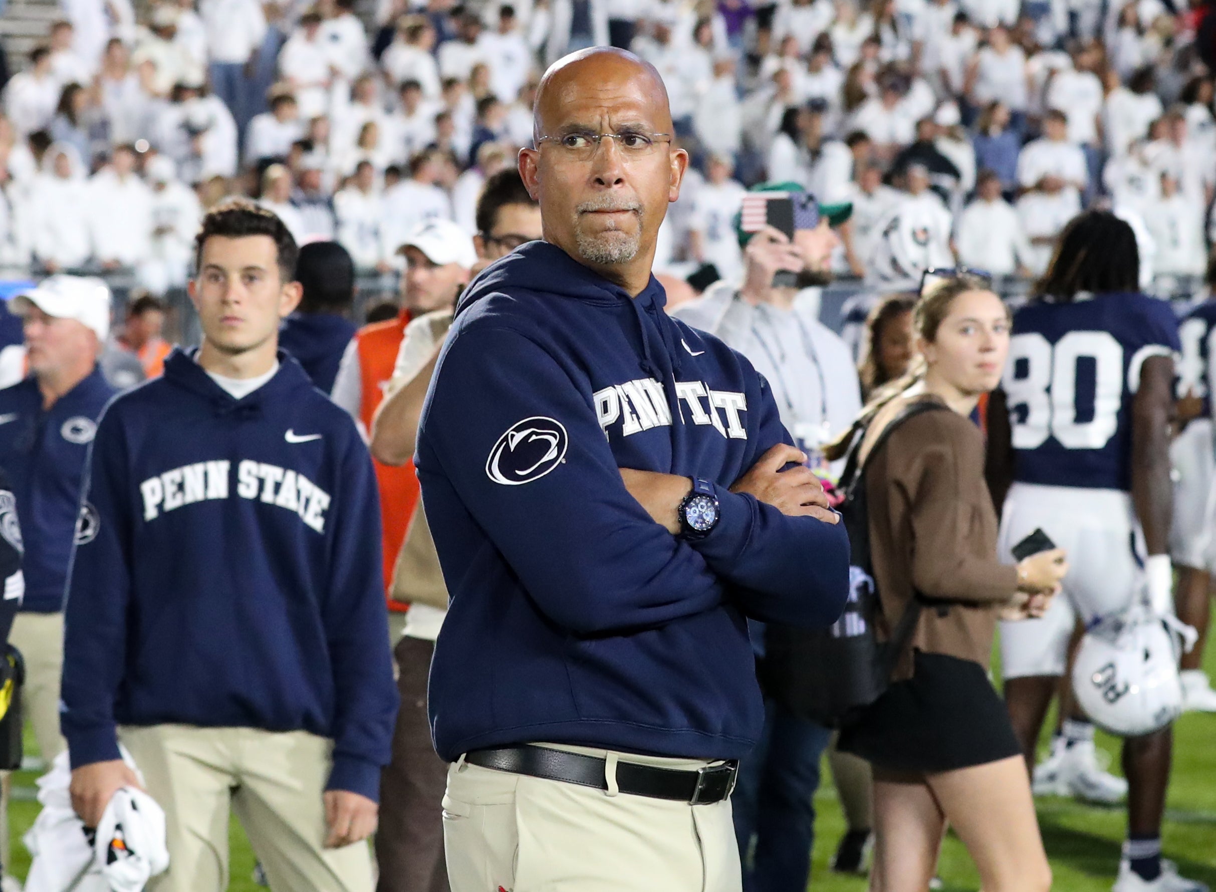 Oct 11, 2025; University Park, Pennsylvania, USA; Penn State Nittany Lions head coach James Franklin stands on the field following the game against the Northwestern Wildcats at Beaver Stadium. Mandatory Credit: Matthew O'Haren-Imagn Images