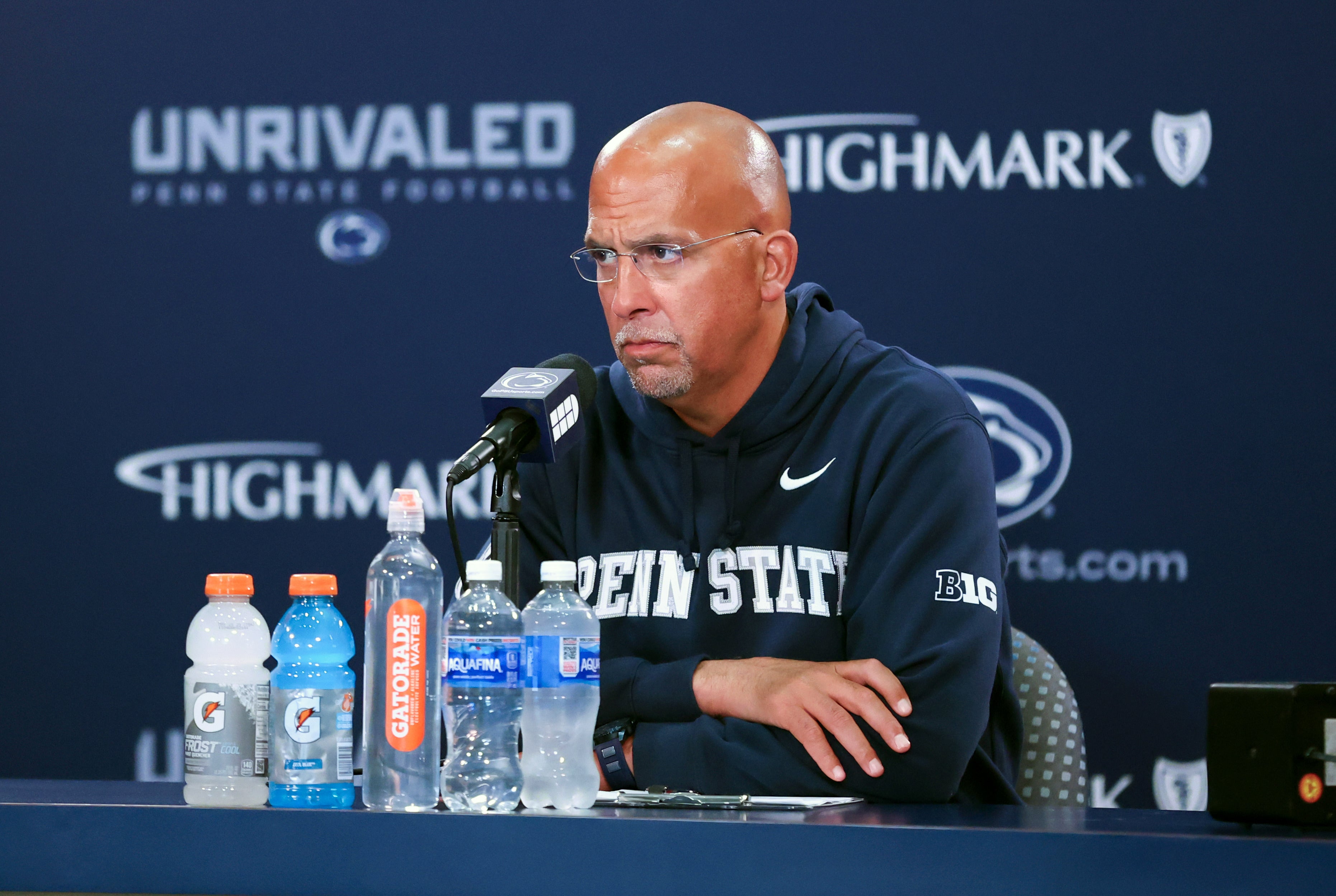 Oct 11, 2025; University Park, Pennsylvania, USA; Penn State Nittany Lions head coach James Franklin answers questions from the media following the game against the Northwestern Wildcats at Beaver Stadium.