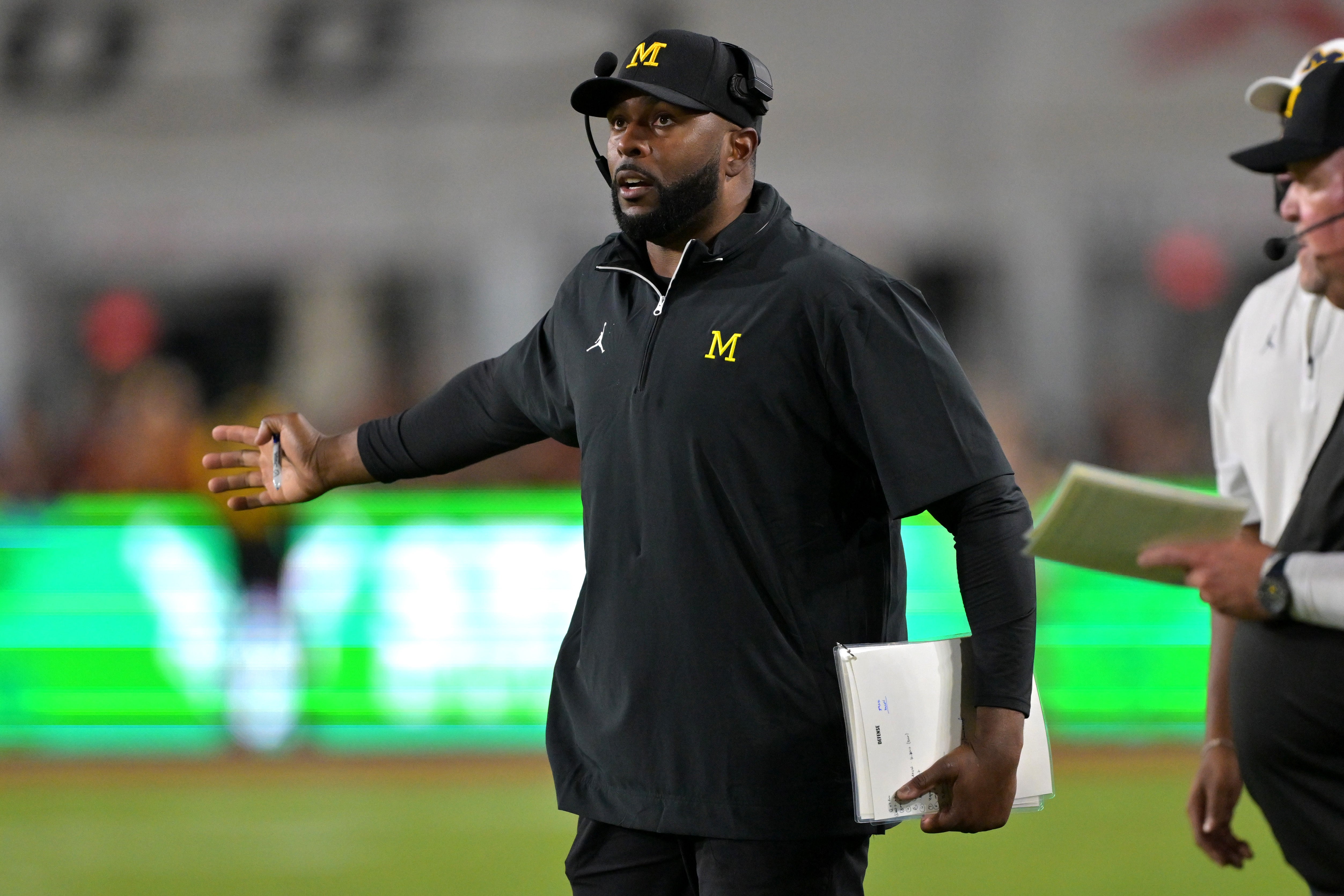 Oct 11, 2025; Los Angeles, California, USA; Michigan Wolverines head coach Sherrone Moore in the second half against the USC Trojans at United Airlines Field at the Los Angeles Memorial Coliseum.