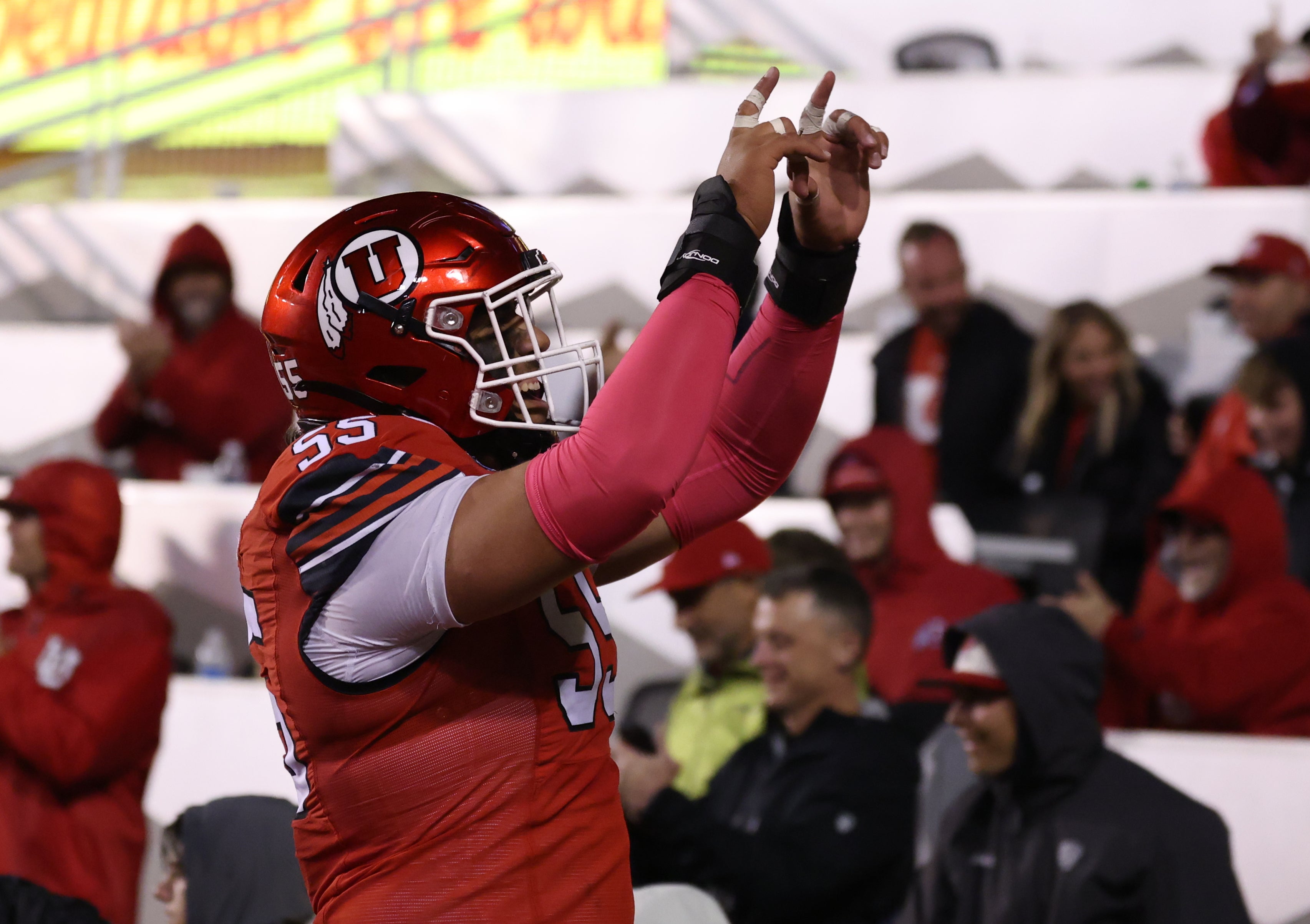 Oct 11, 2025; Salt Lake City, Utah, USA; Utah Utes offensive lineman Spencer Fano (55) celebrates a touchdown against the Arizona State Sun Devils during the third quarter at Rice-Eccles Stadium.