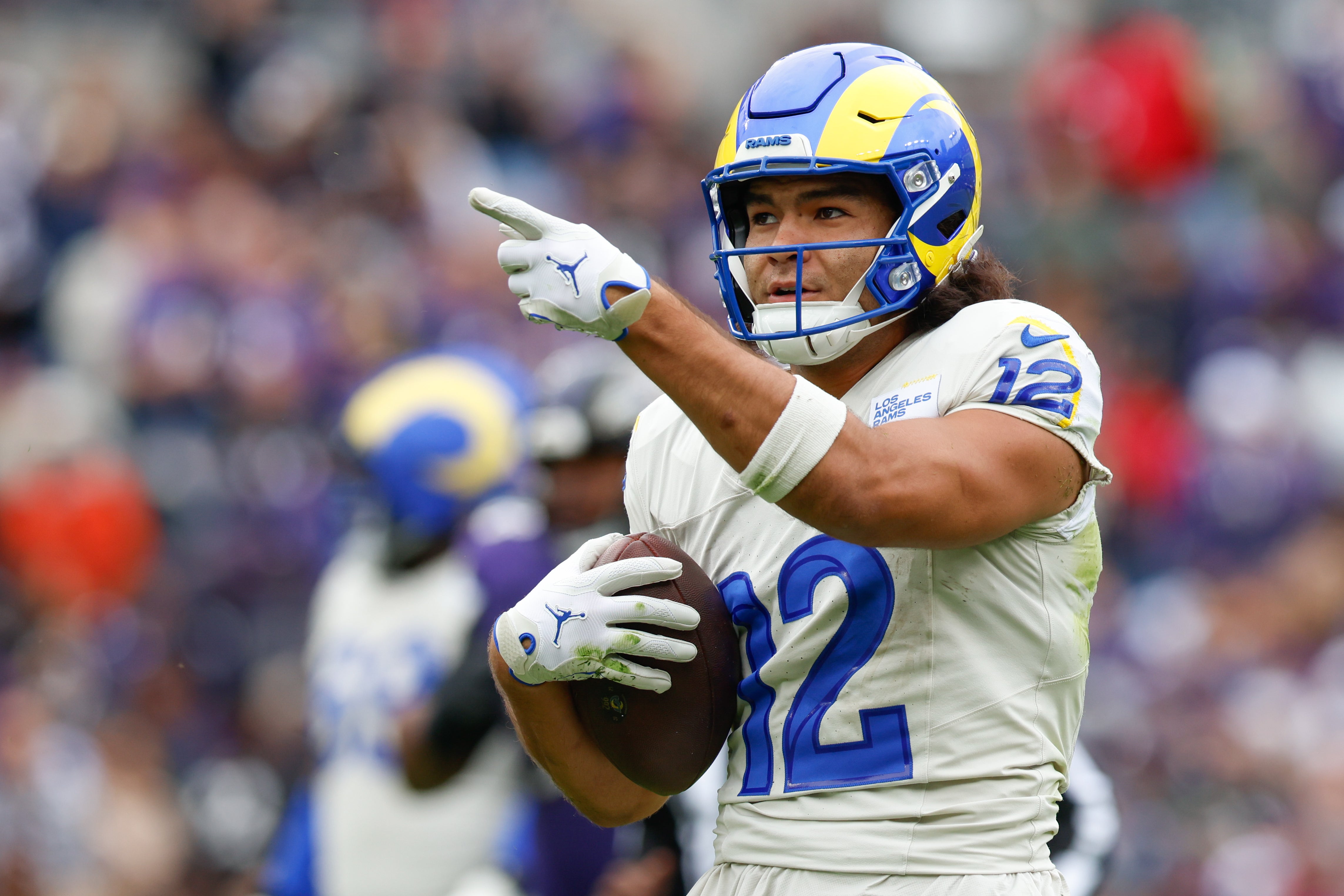 Oct 12, 2025; Baltimore, Maryland, USA; Los Angeles Rams wide receiver Puka Nacua (12) celebrates after a play against the Baltimore Ravens during the second quarter of the game at M&T Bank Stadium.