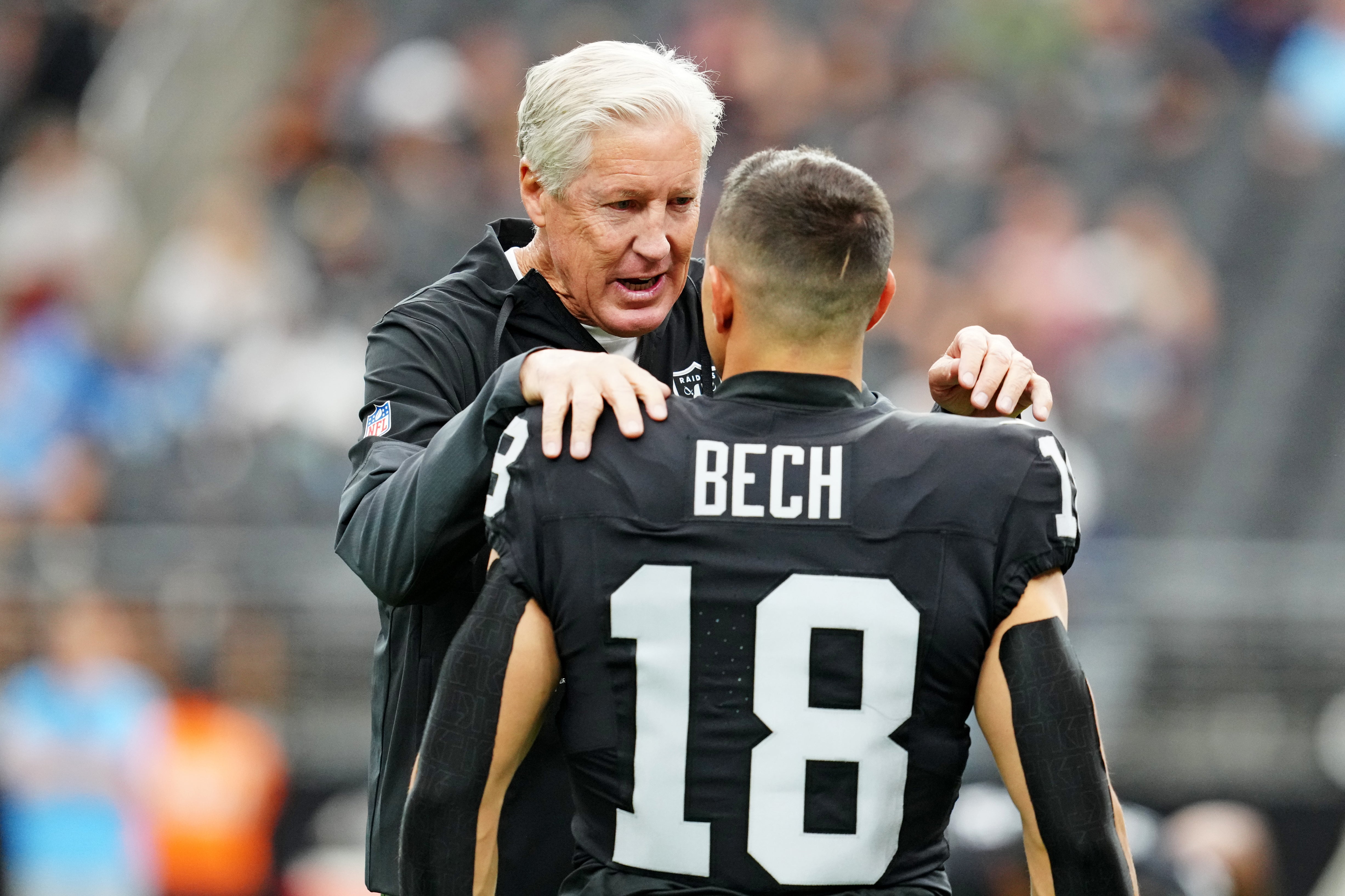 Las Vegas Raiders head coach Pete Carroll wide receiver Jack Bech