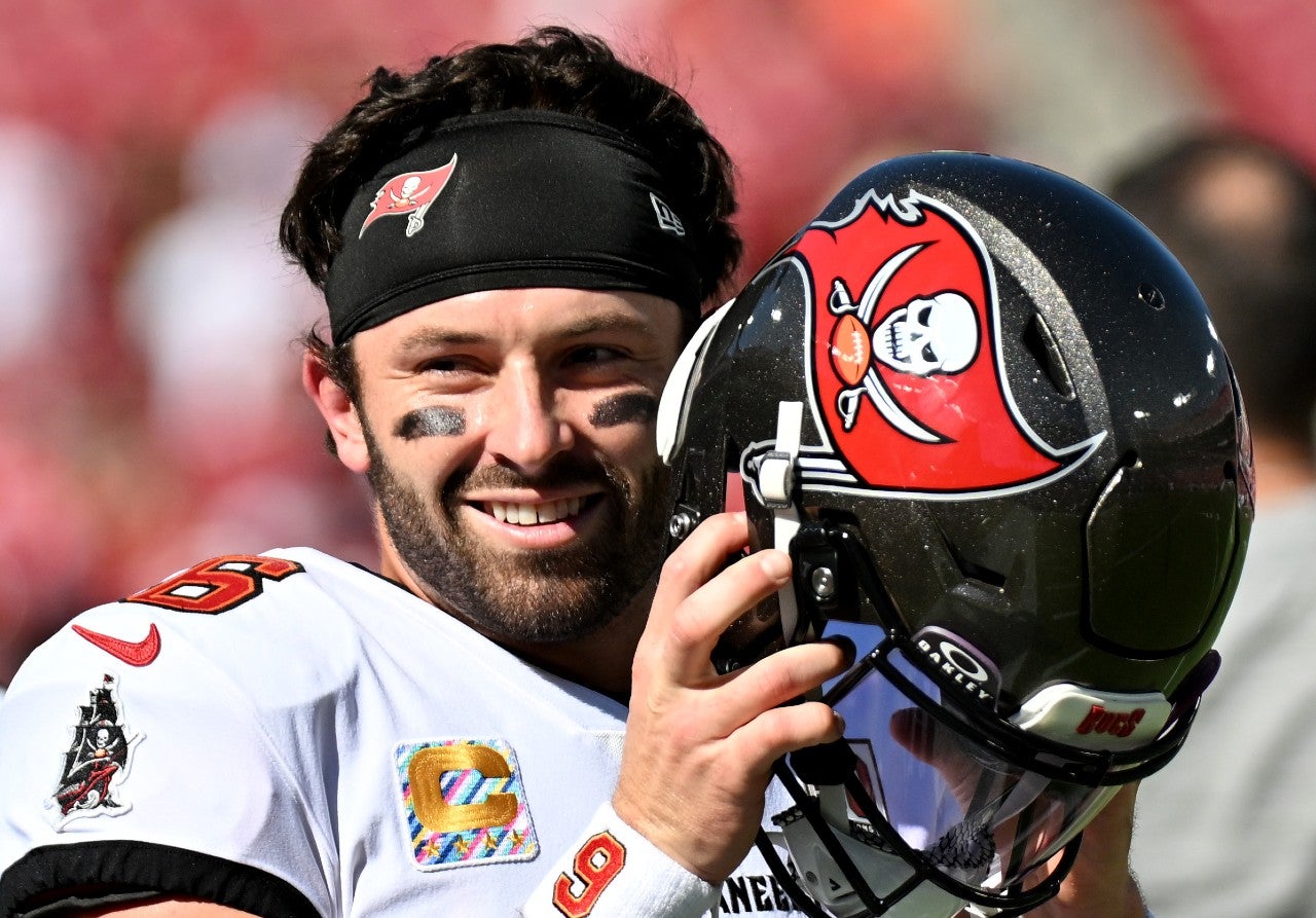 Oct 12, 2025; Tampa, Florida, USA; Tampa Bay Buccaneers quarterback Baker Mayfield (6) warms up before a game against the San Francisco 49ers at Raymond James Stadium.