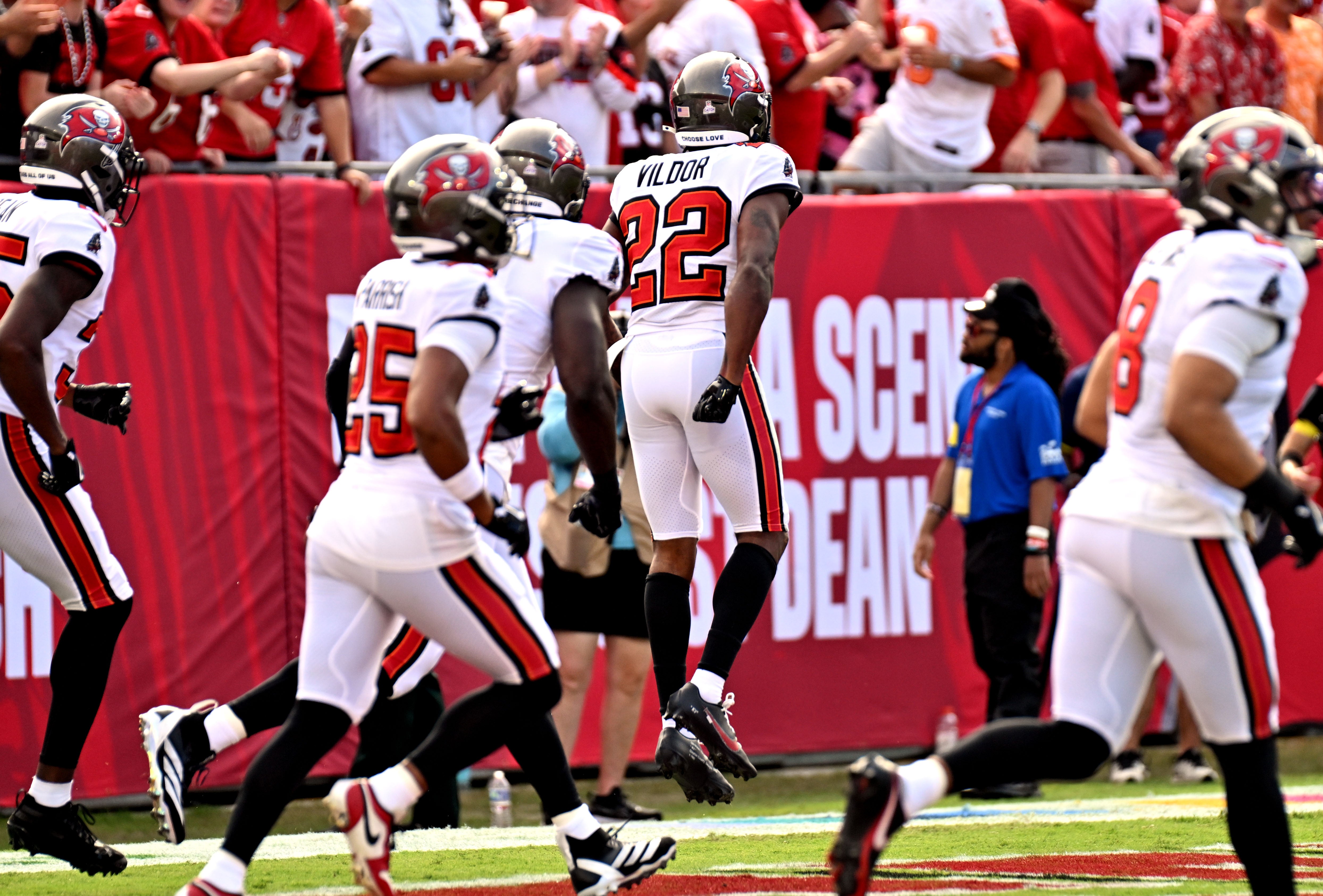 Oct 12, 2025; Tampa, Florida, USA; Tampa Bay Buccaneers cornerback Kindle Vildor (22) reacts during the first quarter against the San Francisco 49ers at Raymond James Stadium.