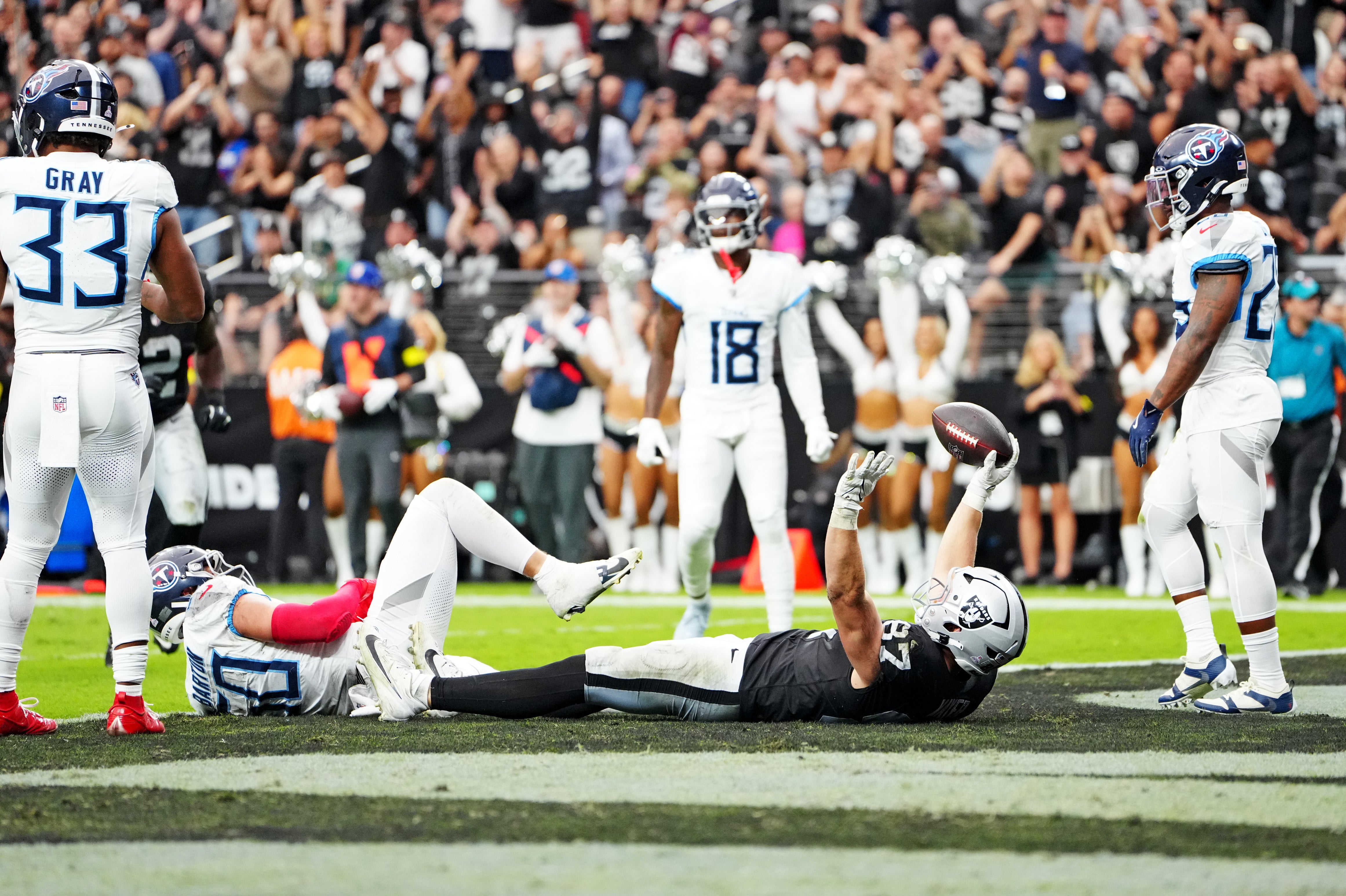Oct 12, 2025; Paradise, Nevada, USA; Las Vegas Raiders tight end Michael Mayer (87) reacts after scoring a touchdown during the second half against the Tennessee Titans at Allegiant Stadium. Mandatory Credit: Stephen R. Sylvanie-Imagn Images