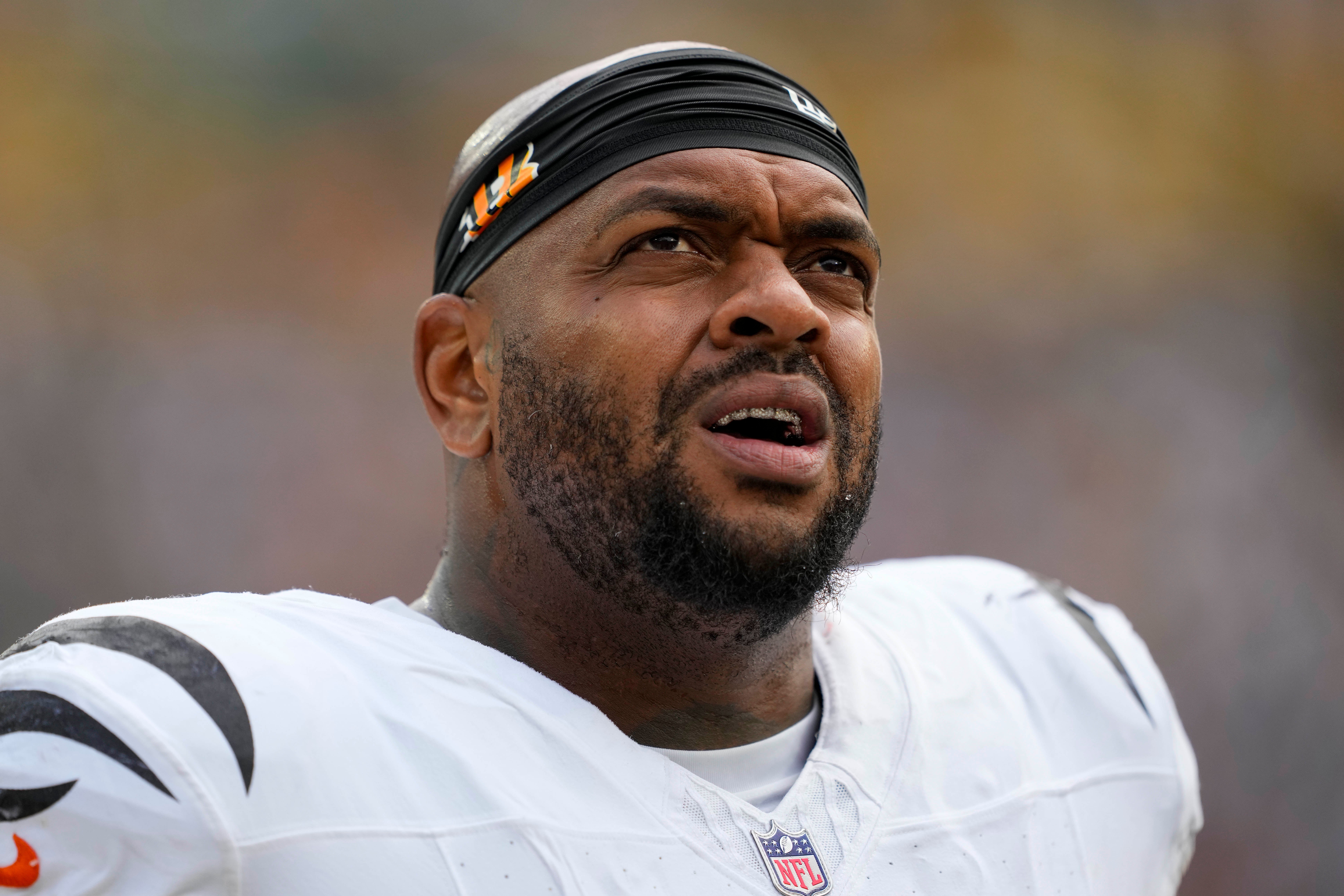 Oct 12, 2025; Green Bay, Wisconsin, USA; Cincinnati Bengals nose tackle Mike Pennel (69) prior to the game against the Green Bay Packers at Lambeau Field.