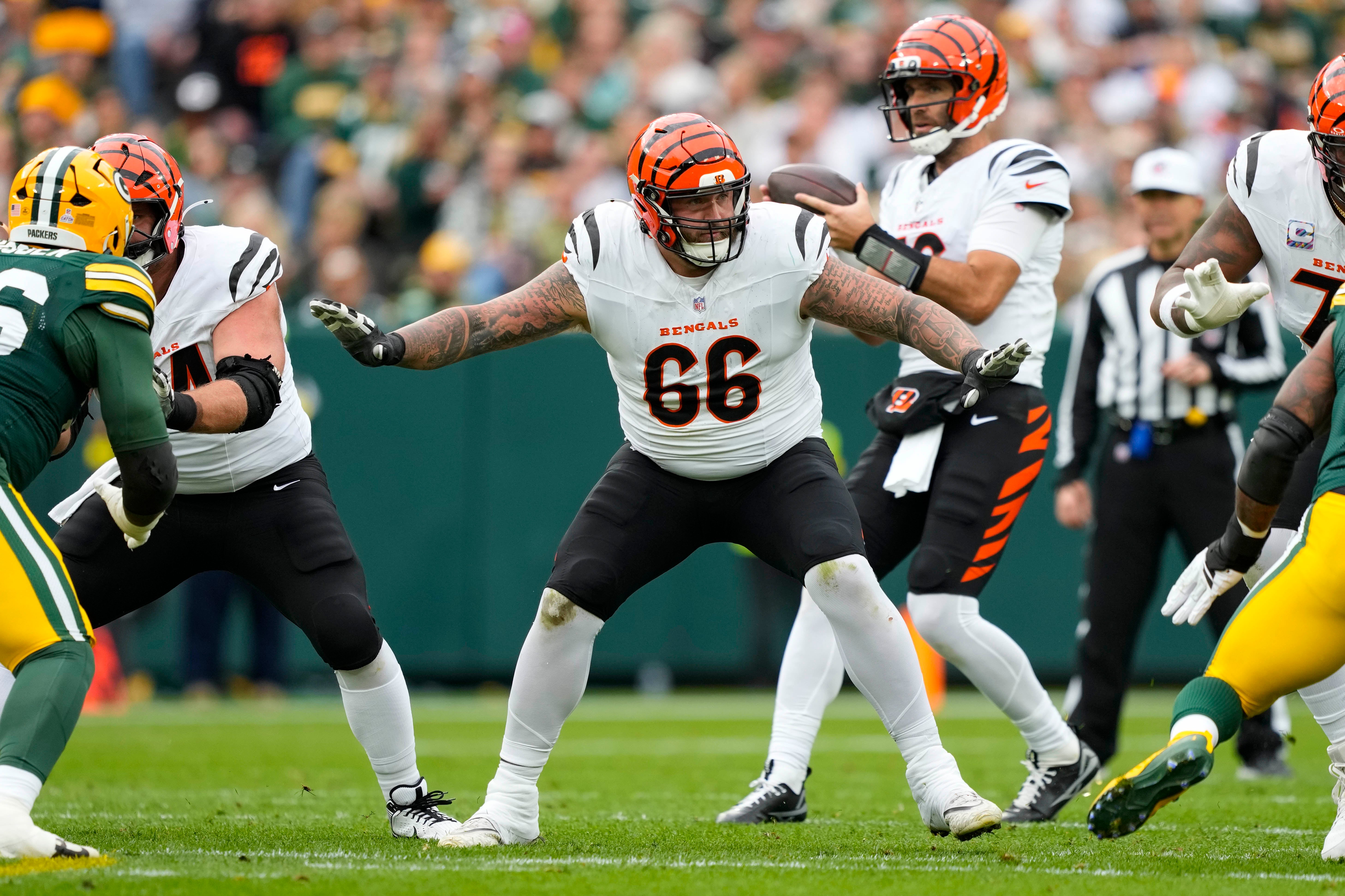 Oct 12, 2025; Green Bay, Wisconsin, USA; Cincinnati Bengals guard Dalton Risner (66) during the game against the Green Bay Packers at Lambeau Field.