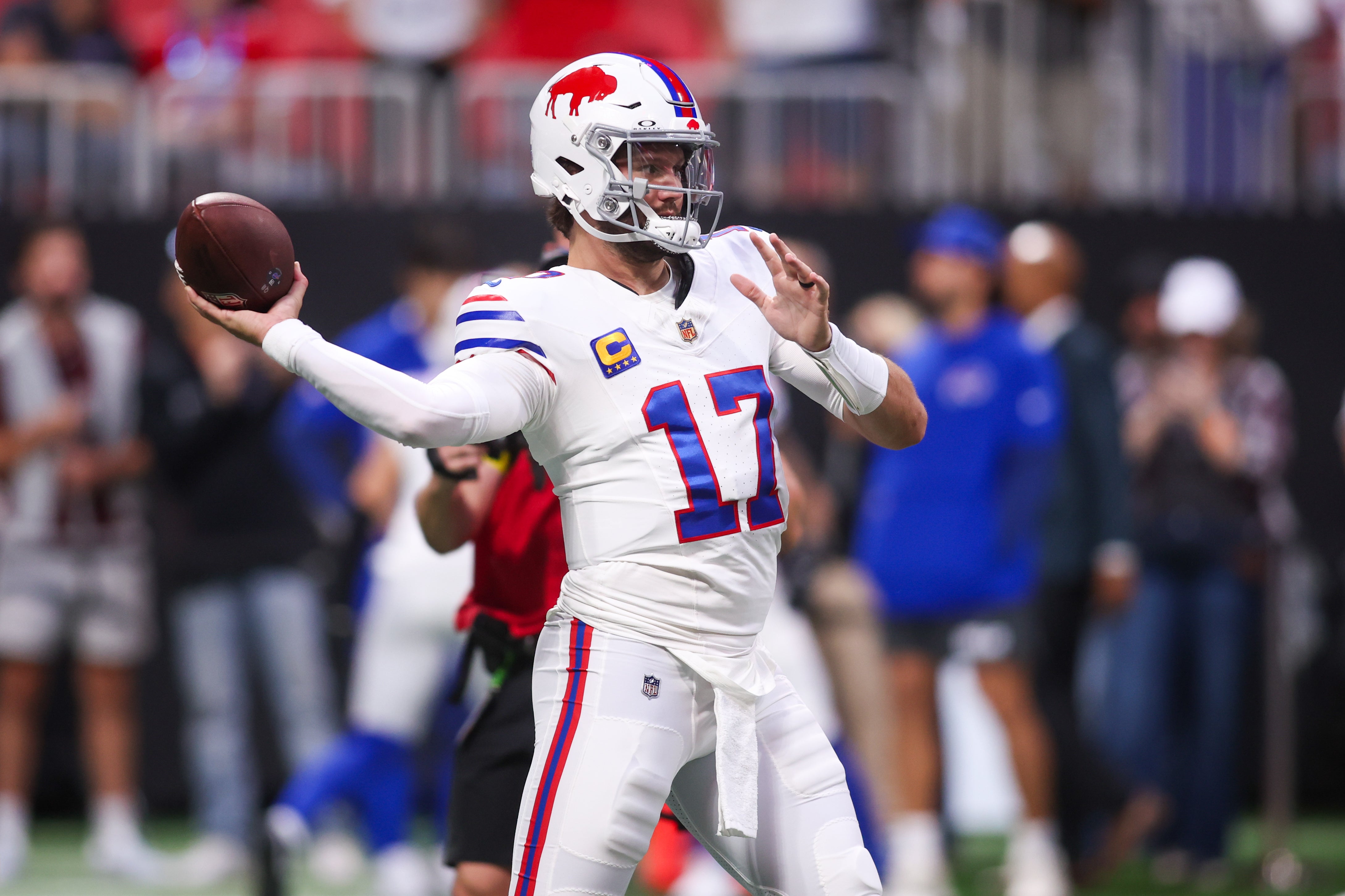 Oct 13, 2025; Atlanta, Georgia, USA; Buffalo Bills quarterback Josh Allen (17) warms ups prior to a game against the Atlanta Falcons at Mercedes-Benz Stadium.
