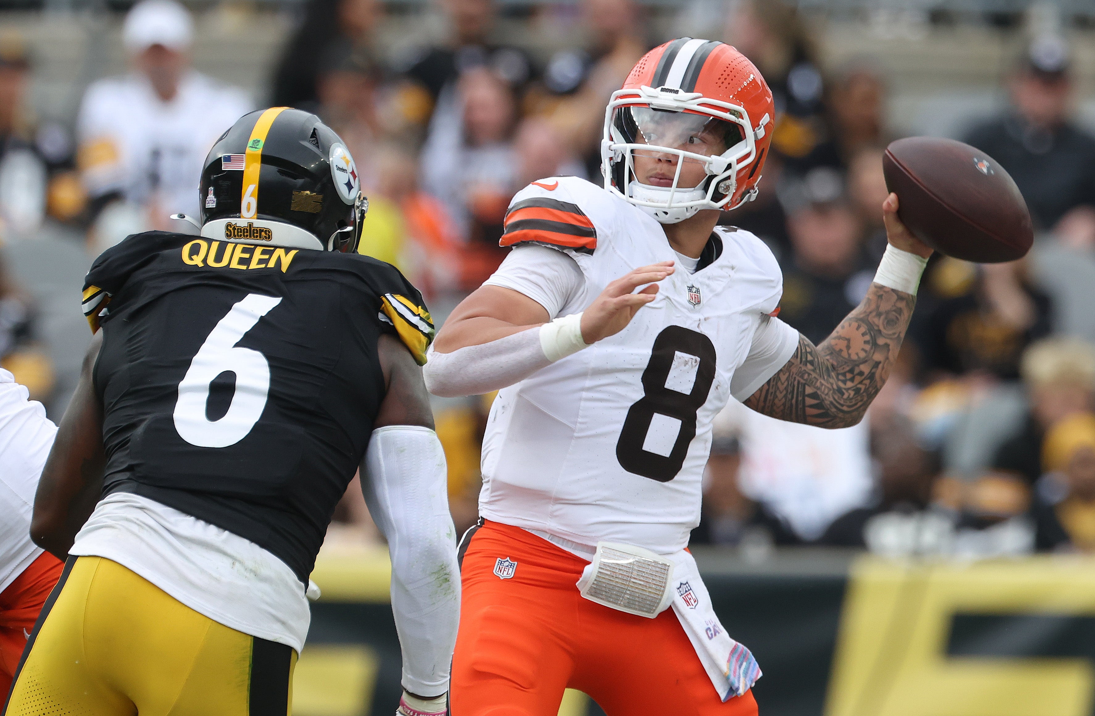 Oct 12, 2025; Pittsburgh, Pennsylvania, USA; Cleveland Browns quarterback Dillon Gabriel (8) passes against pressure from Pittsburgh Steelers linebacker Patrick Queen (6) during the second quarter at Acrisure Stadium.