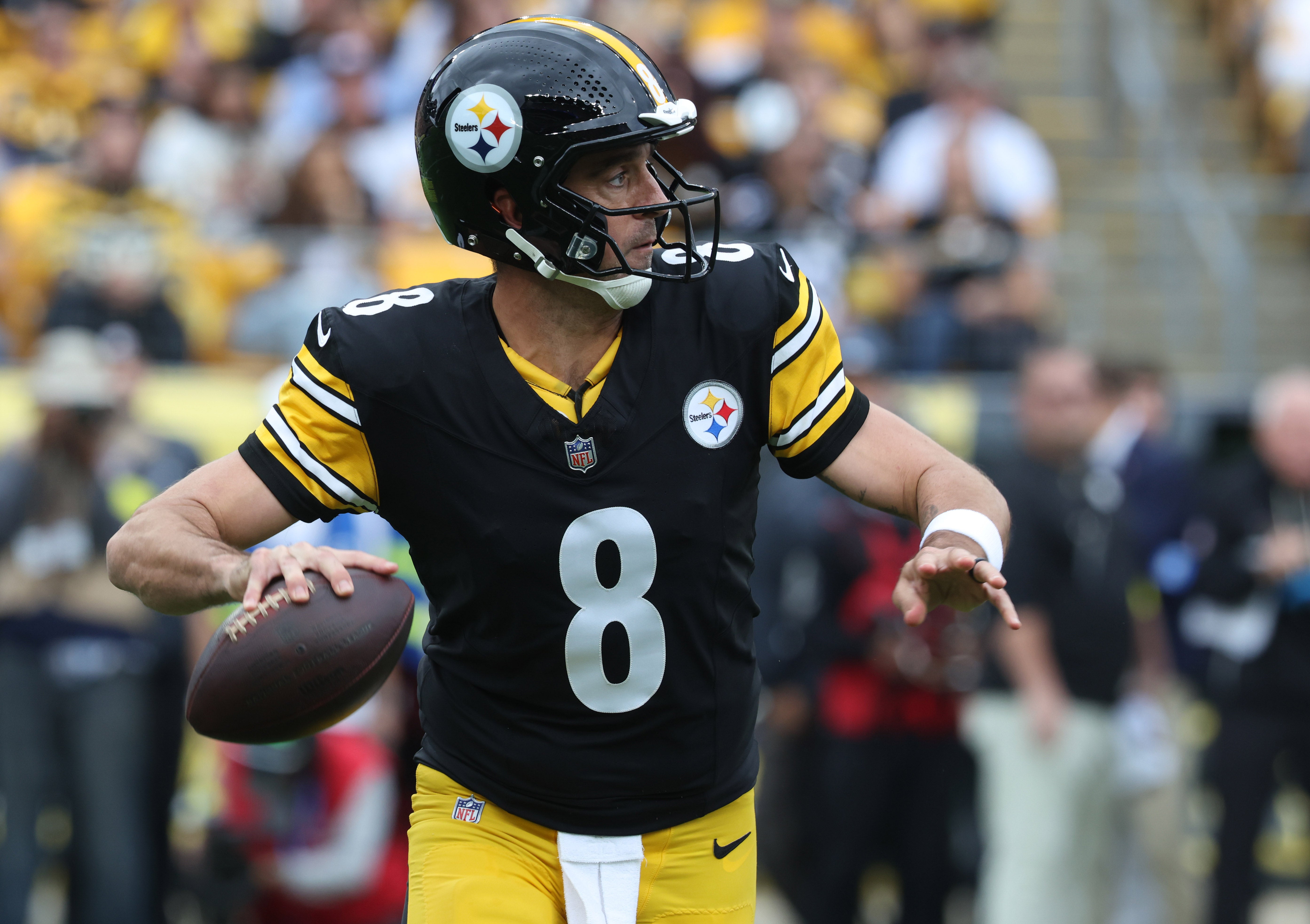 Oct 12, 2025; Pittsburgh, Pennsylvania, USA; Pittsburgh Steelers quarterback Aaron Rodgers (8) passes against the Cleveland Browns during the first quarter at Acrisure Stadium.