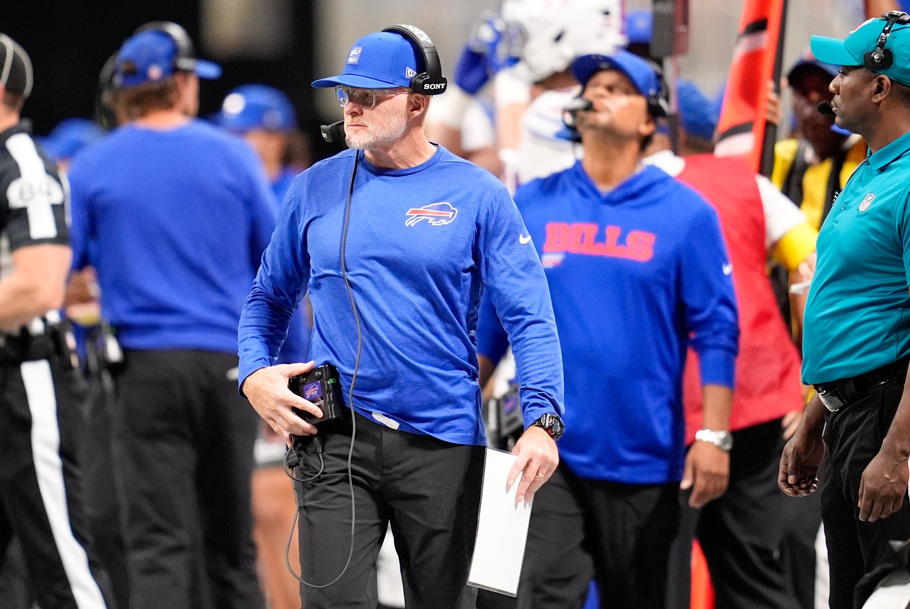 Oct 13, 2025; Atlanta, Georgia, USA; Buffalo Bills head coach Sean McDermott on the sidelines against the Atlanta Falcons during the first half of a game at Mercedes-Benz Stadium.