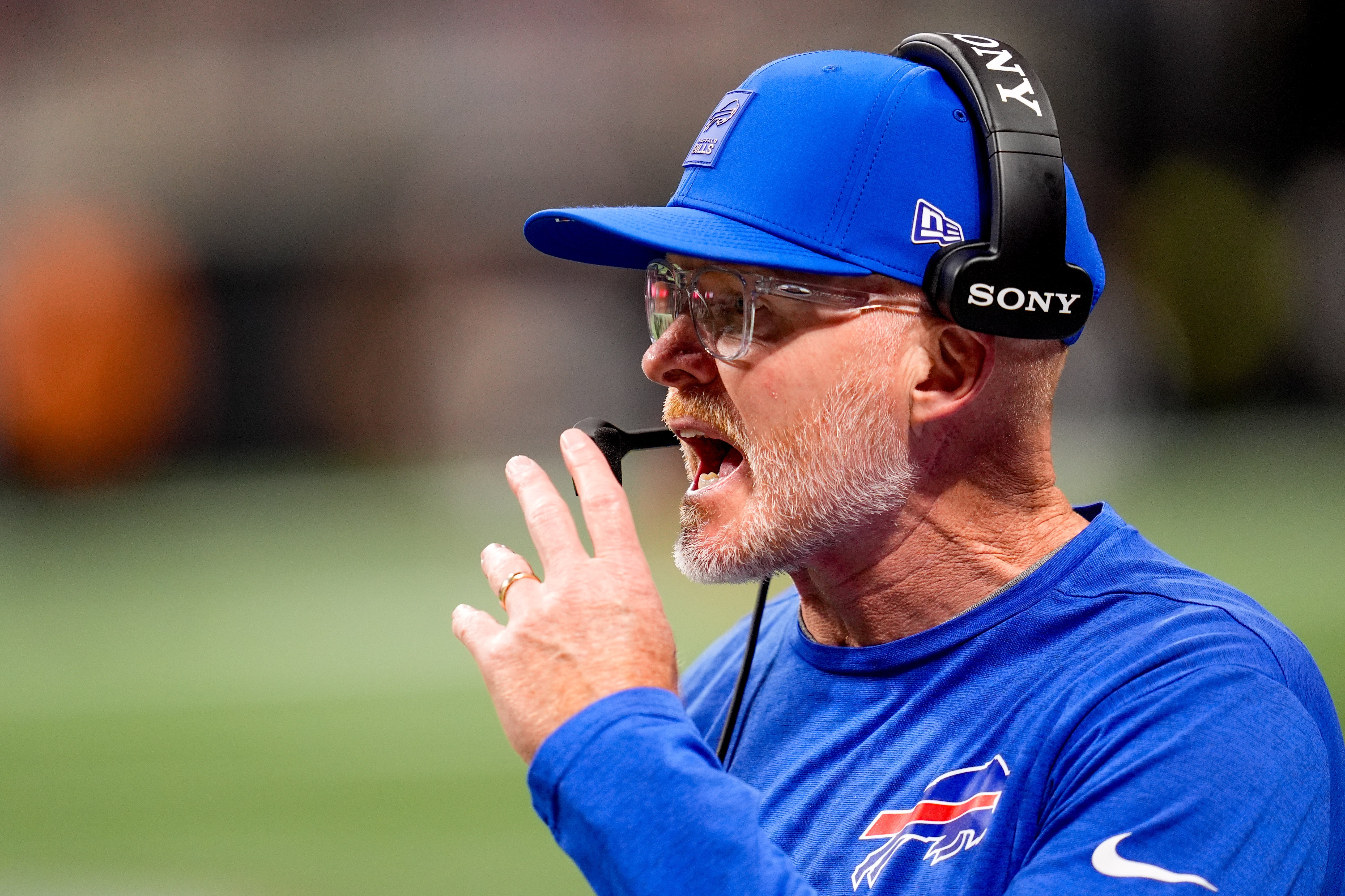 Oct 13, 2025; Atlanta, Georgia, USA; Buffalo Bills head coach Sean McDermott on the sidelines against the Atlanta Falcons during the first half of a game at Mercedes-Benz Stadium.