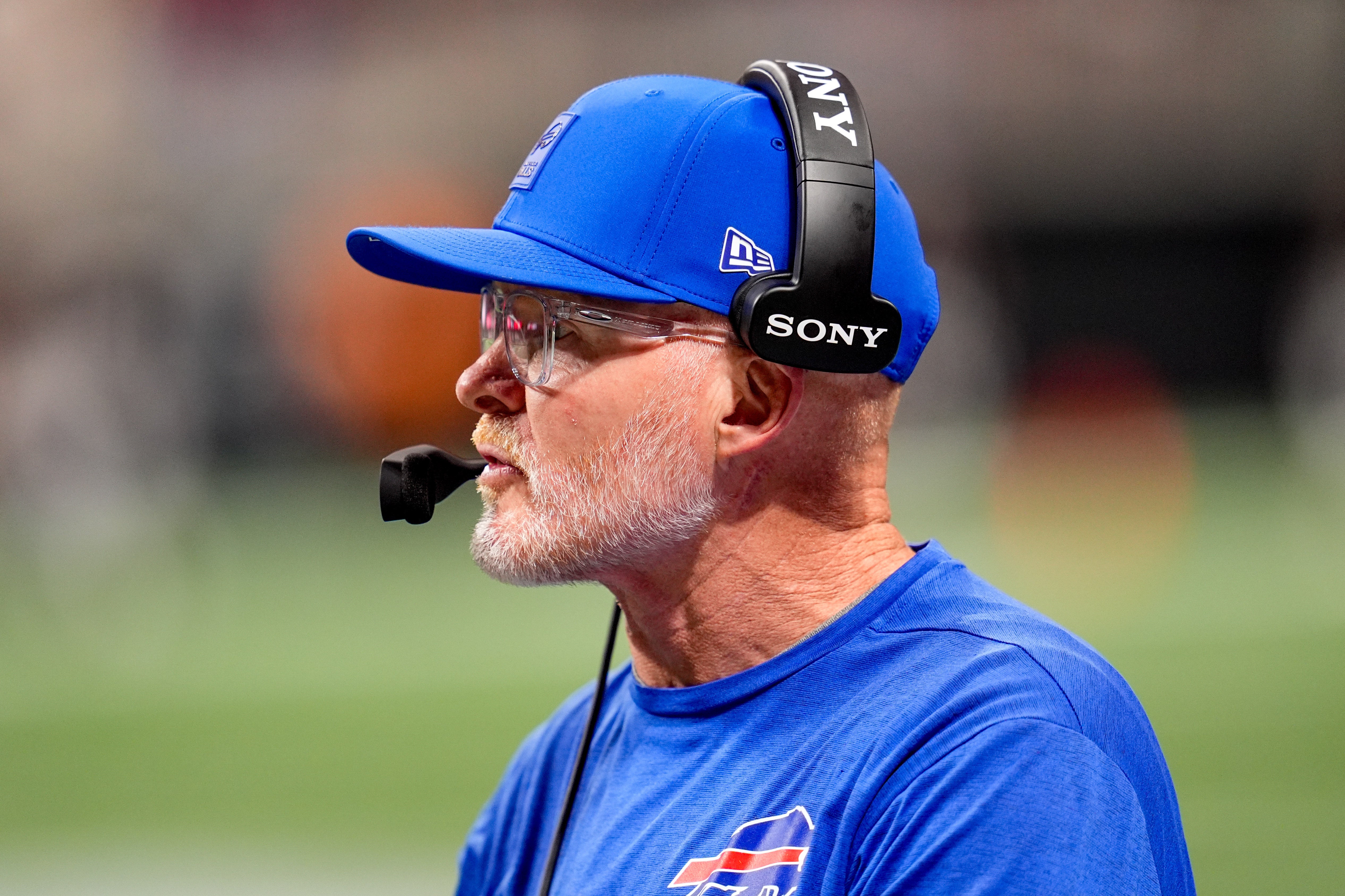 Oct 13, 2025; Atlanta, Georgia, USA; Buffalo Bills head coach Sean McDermott on the sidelines against the Atlanta Falcons during the first half of a game at Mercedes-Benz Stadium.