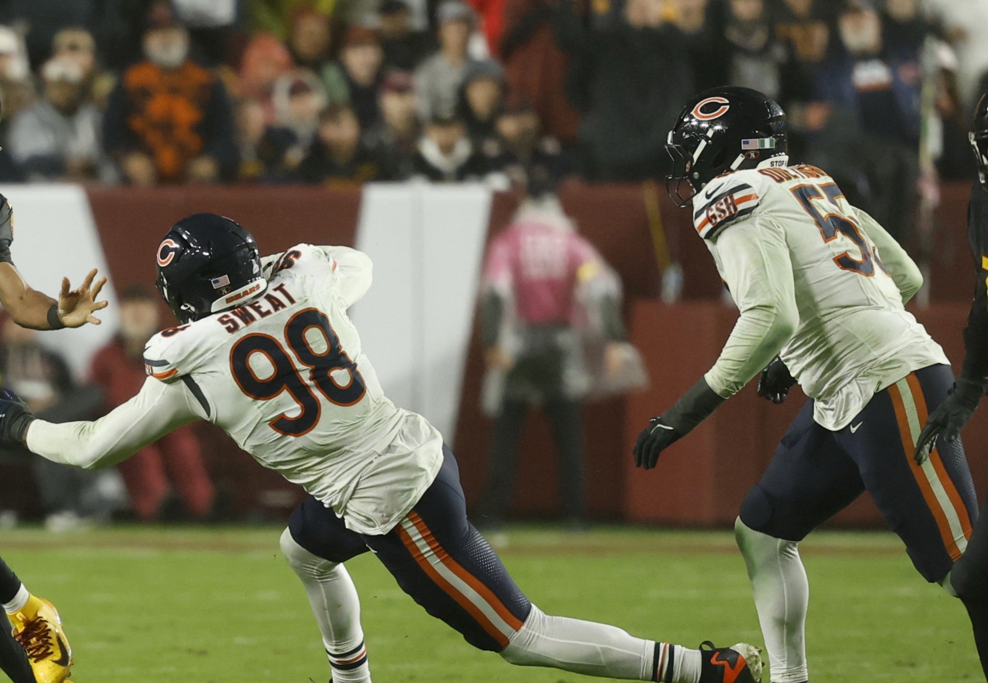 Chicago Bears defensive end Montez Sweat (98) provides pressure during the fourth quarter at Northwest Stadium.
