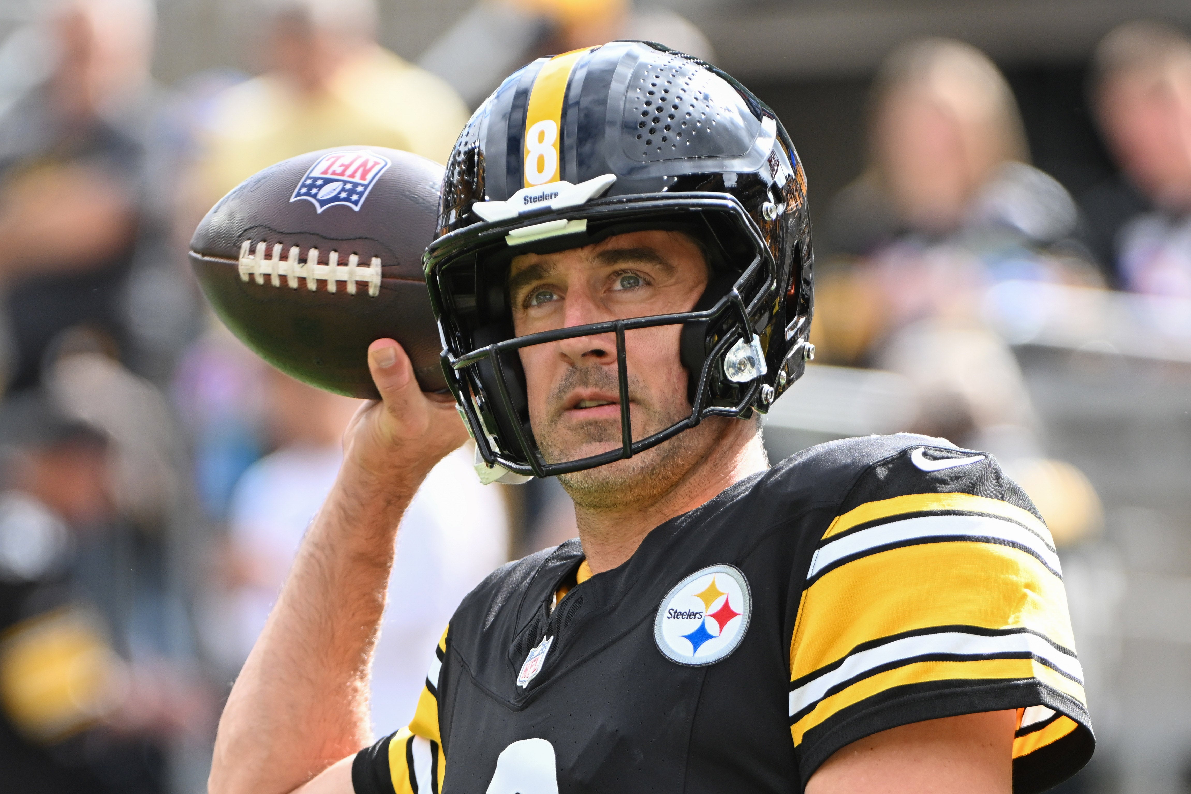 Oct 12, 2025; Pittsburgh, Pennsylvania, USA; Pittsburgh Steelers quarterback Aaron Rodgers (8) warms up for a game against the Cleveland Browns at Acrisure Stadium.
