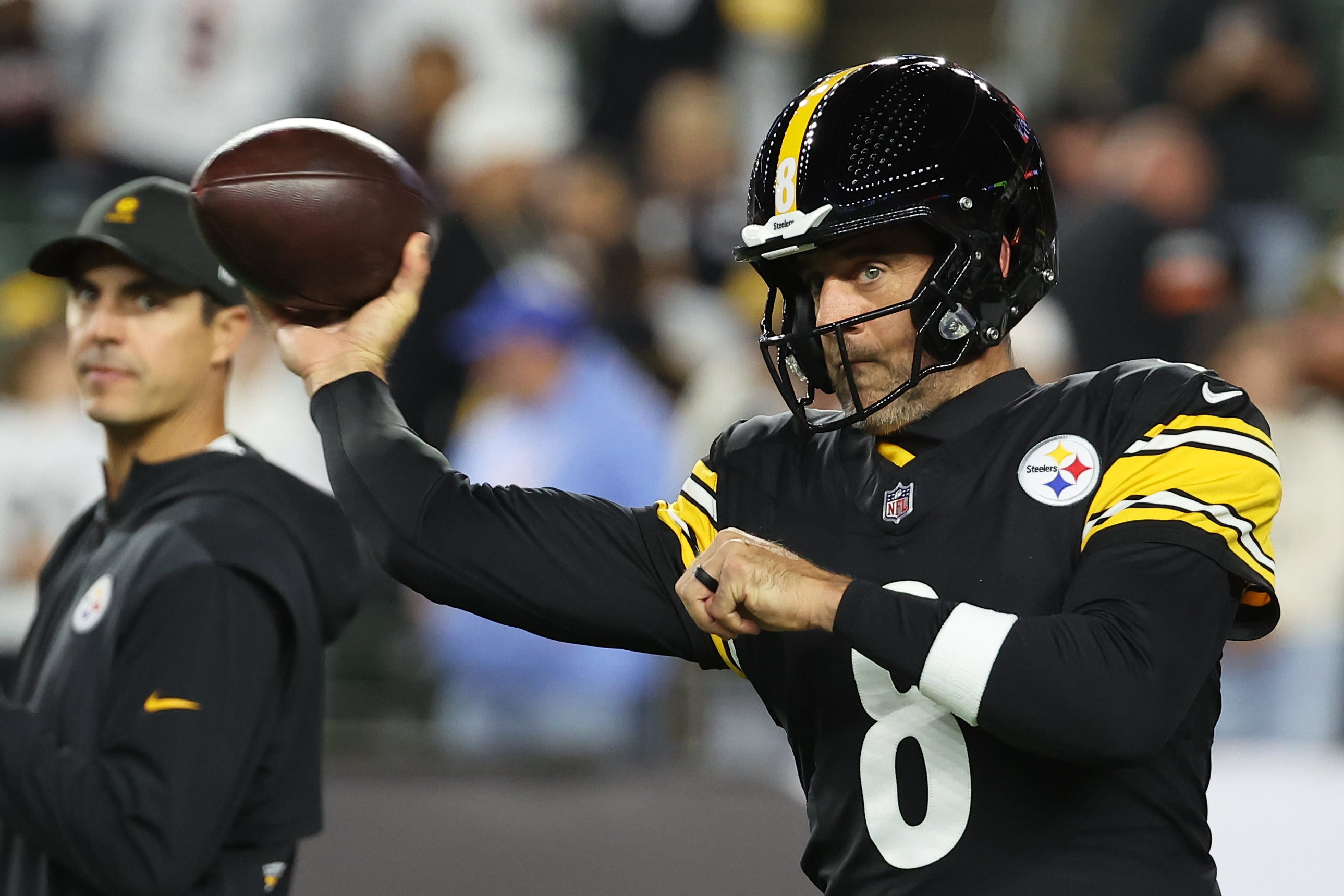 Oct 16, 2025; Cincinnati, Ohio, USA; Pittsburgh Steelers quarterback Aaron Rodgers (8) throws a pass during warmups before the game against the Cincinnati Bengals at Paycor Stadium. Mandatory Credit: Joseph Maiorana-Imagn Images at Paycor Stadium