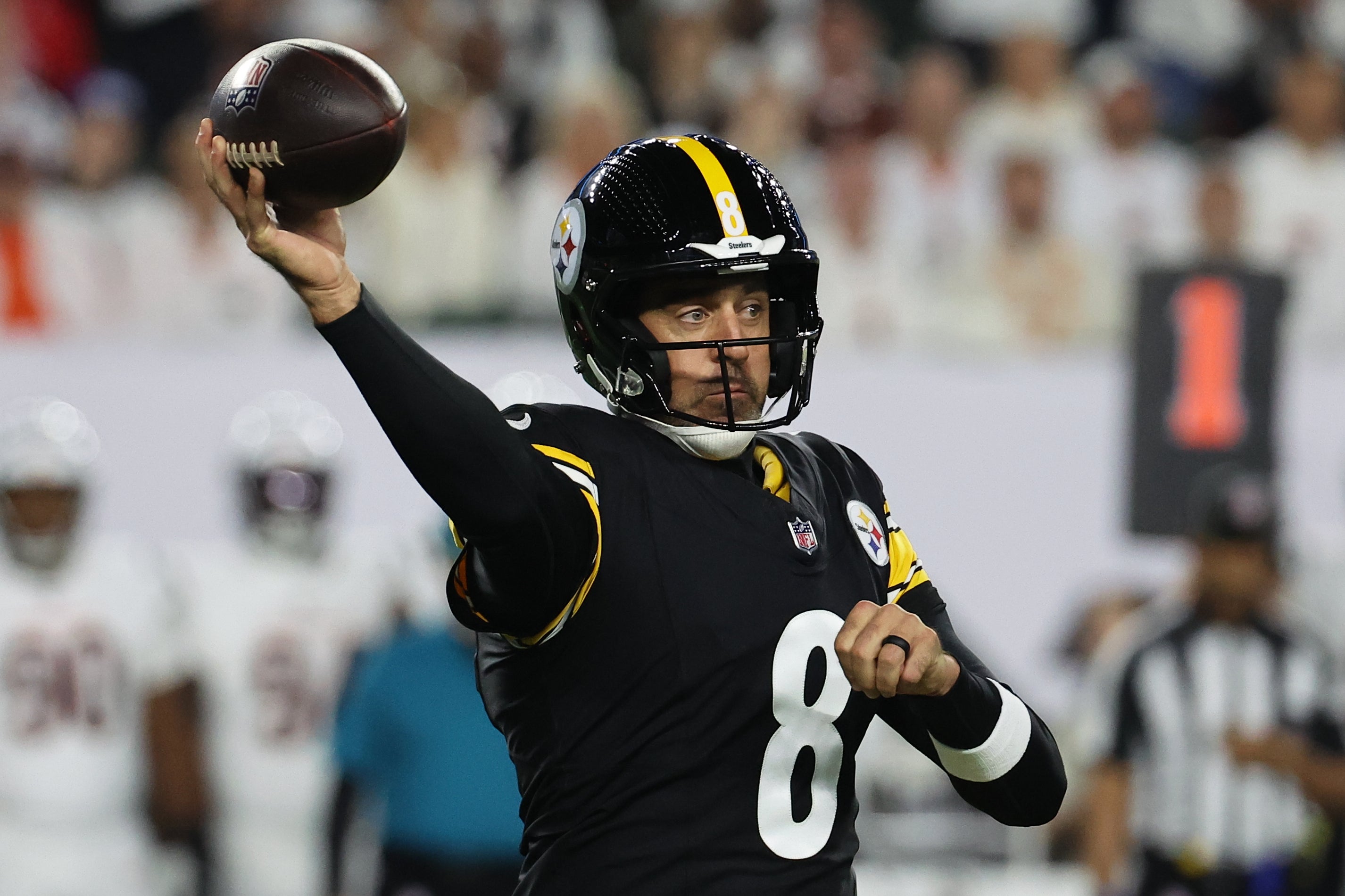 Oct 16, 2025; Cincinnati, Ohio, USA; Pittsburgh Steelers quarterback Aaron Rodgers (8) throws a pass against the Cincinnati Bengals during the first quarter at Paycor Stadium.