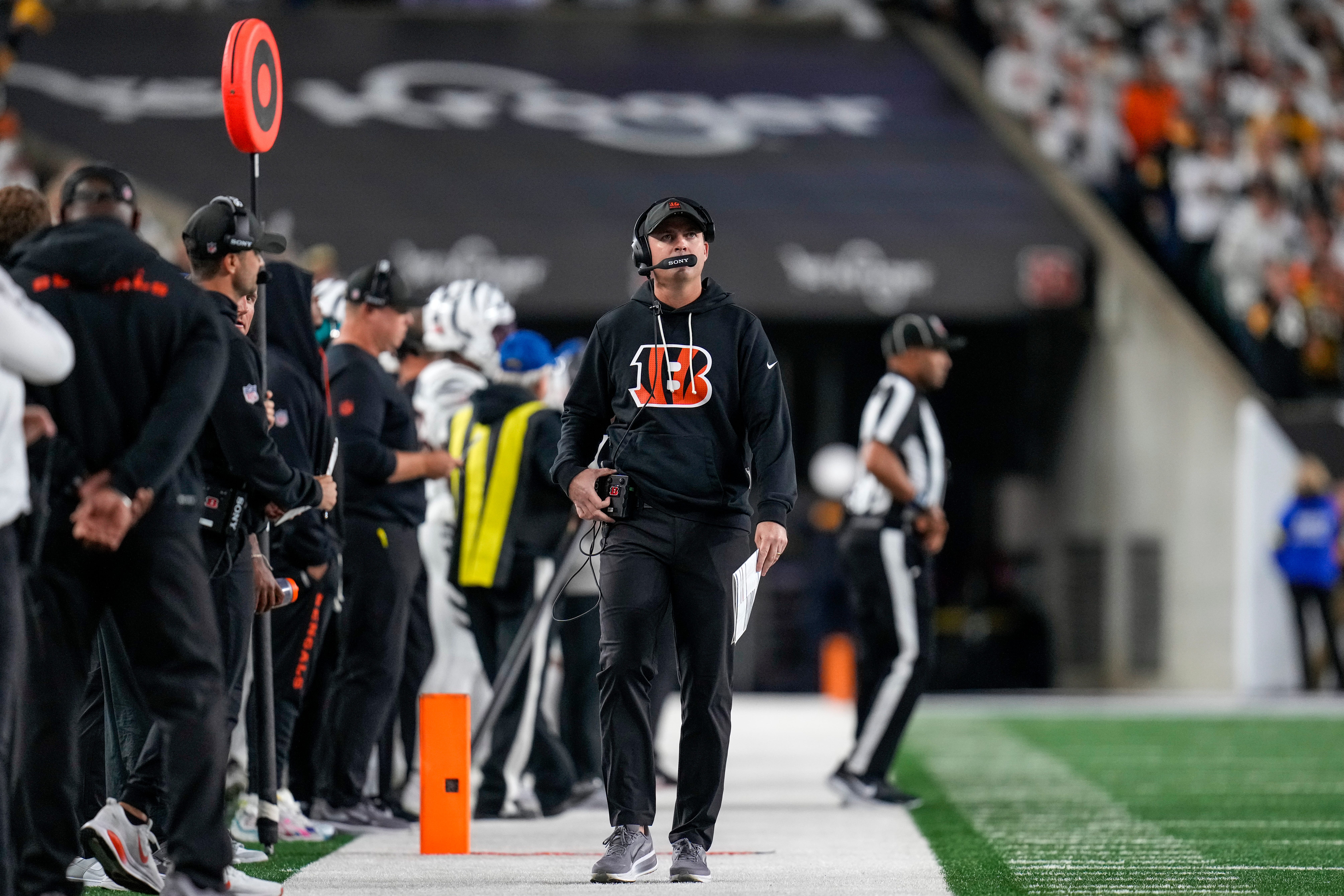 Cincinnati Bengals head coach Zac Taylor walks the sideline in the first quarter of the NFL Week 7 game between the Cincinnati Bengals and the Pittsburgh Steelers at Paycor Stadium in downtown Cincinnati on Thursday, Oct. 16, 2025.