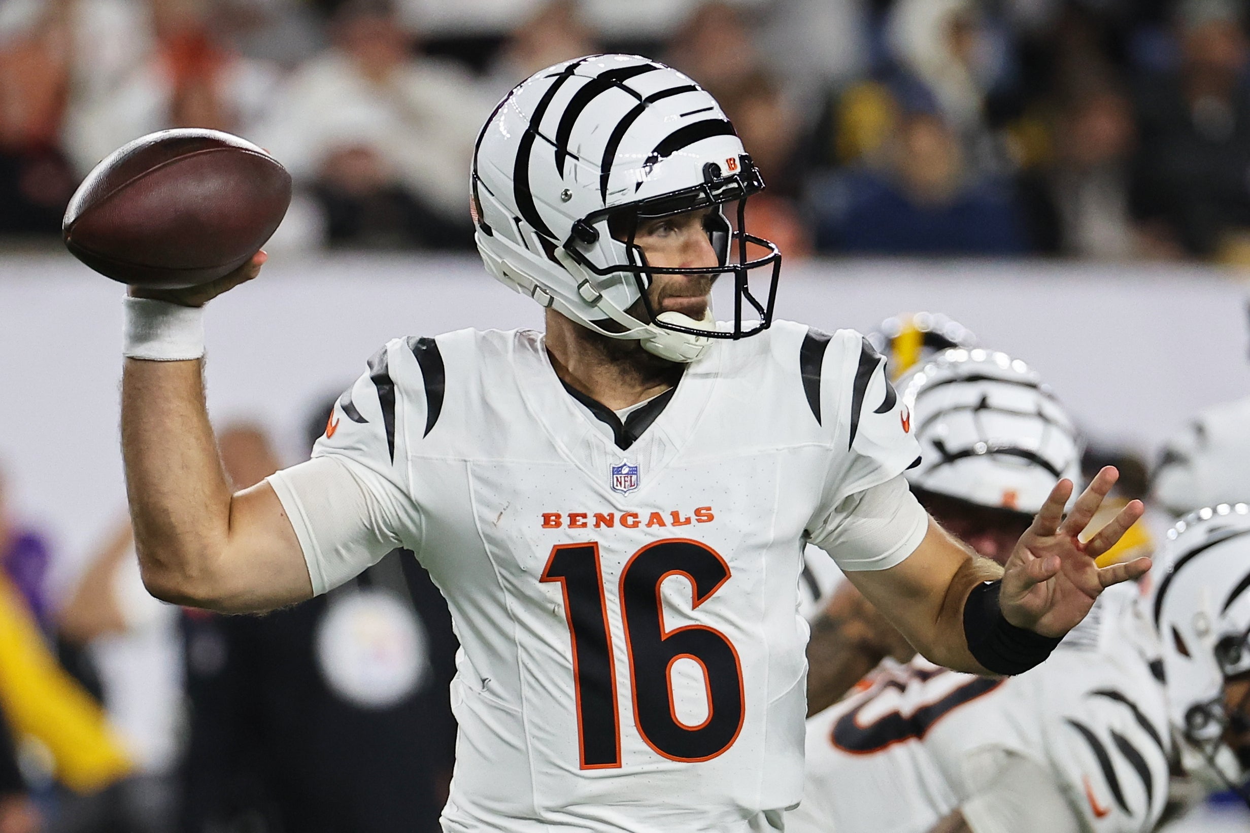 Oct 16, 2025; Cincinnati, Ohio, USA; Cincinnati Bengals quarterback Joe Flacco (16) throws a pass against the Pittsburgh Steelers during the fourth quarter at Paycor Stadium.