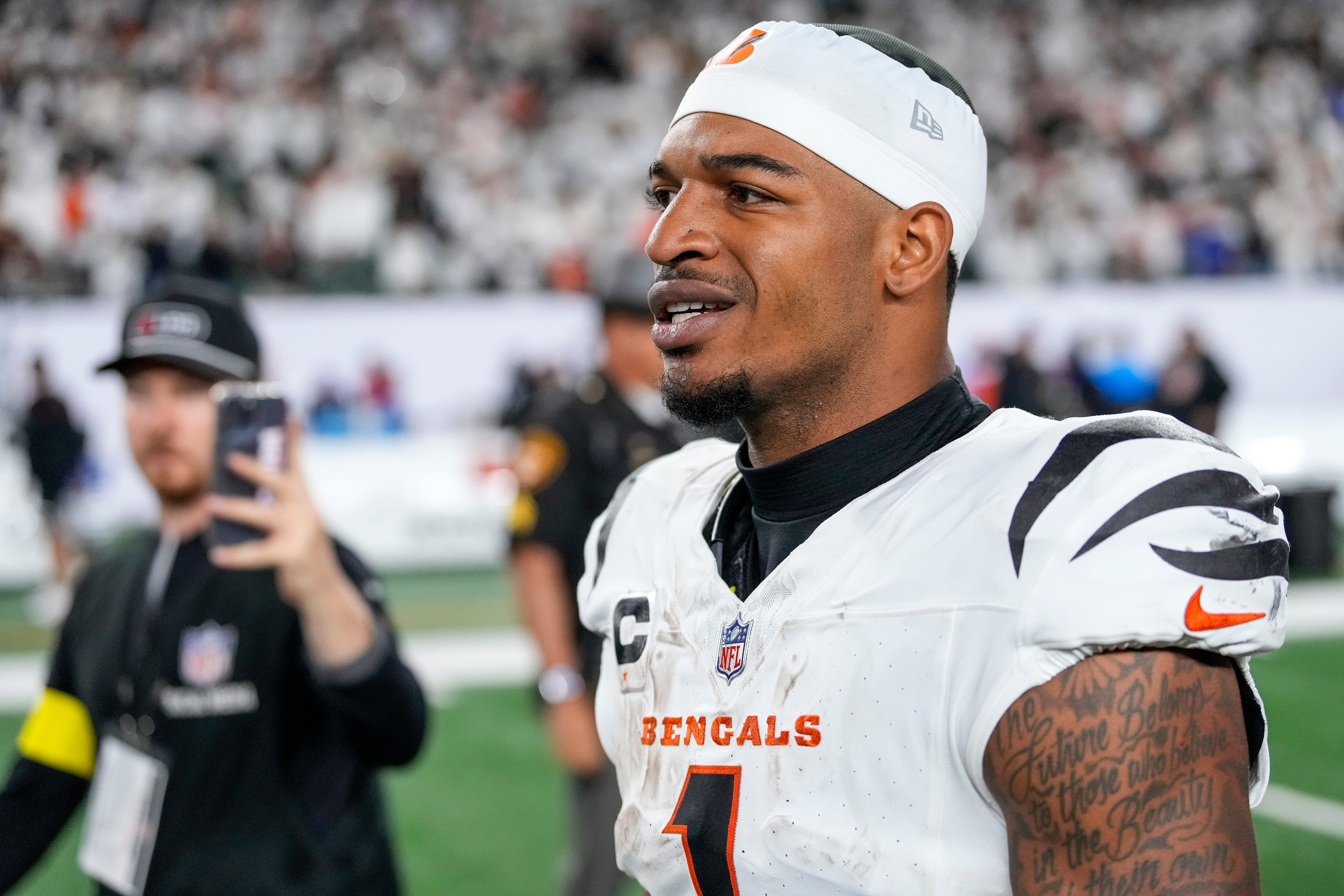 Cincinnati Bengals wide receiver Ja'Marr Chase (1) walks for the locker room after the fourth quarter of the NFL Week 7 game between the Cincinnati Bengals and the Pittsburgh Steelers at Paycor Stadium in downtown Cincinnati on Thursday, Oct. 16, 2025. The Bengals won, 33-31.