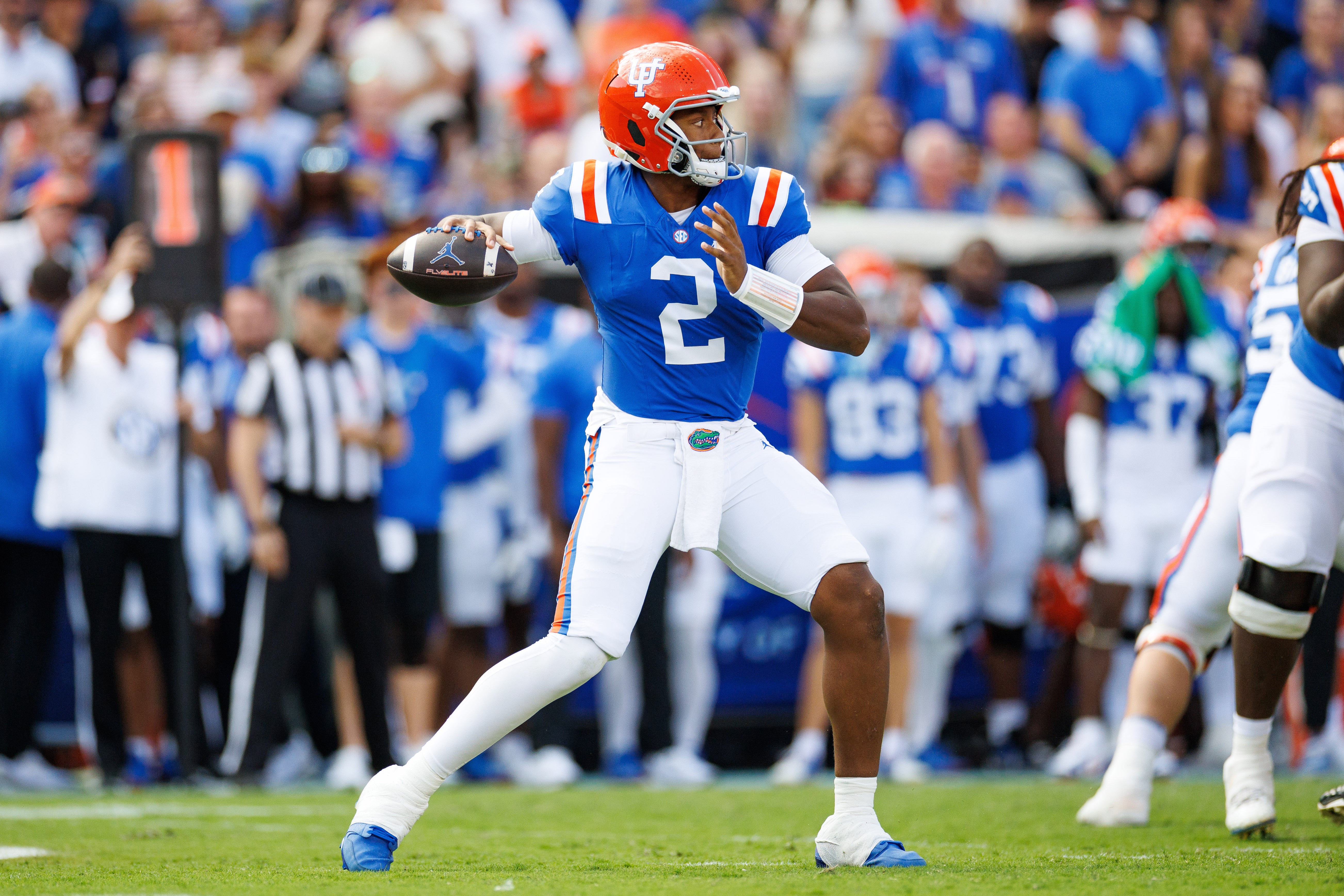 Oct 18, 2025; Gainesville, Florida, USA; Florida Gators quarterback DJ Lagway (2) throws the ball against the Mississippi State Bulldogs during the first half at Ben Hill Griffin Stadium.