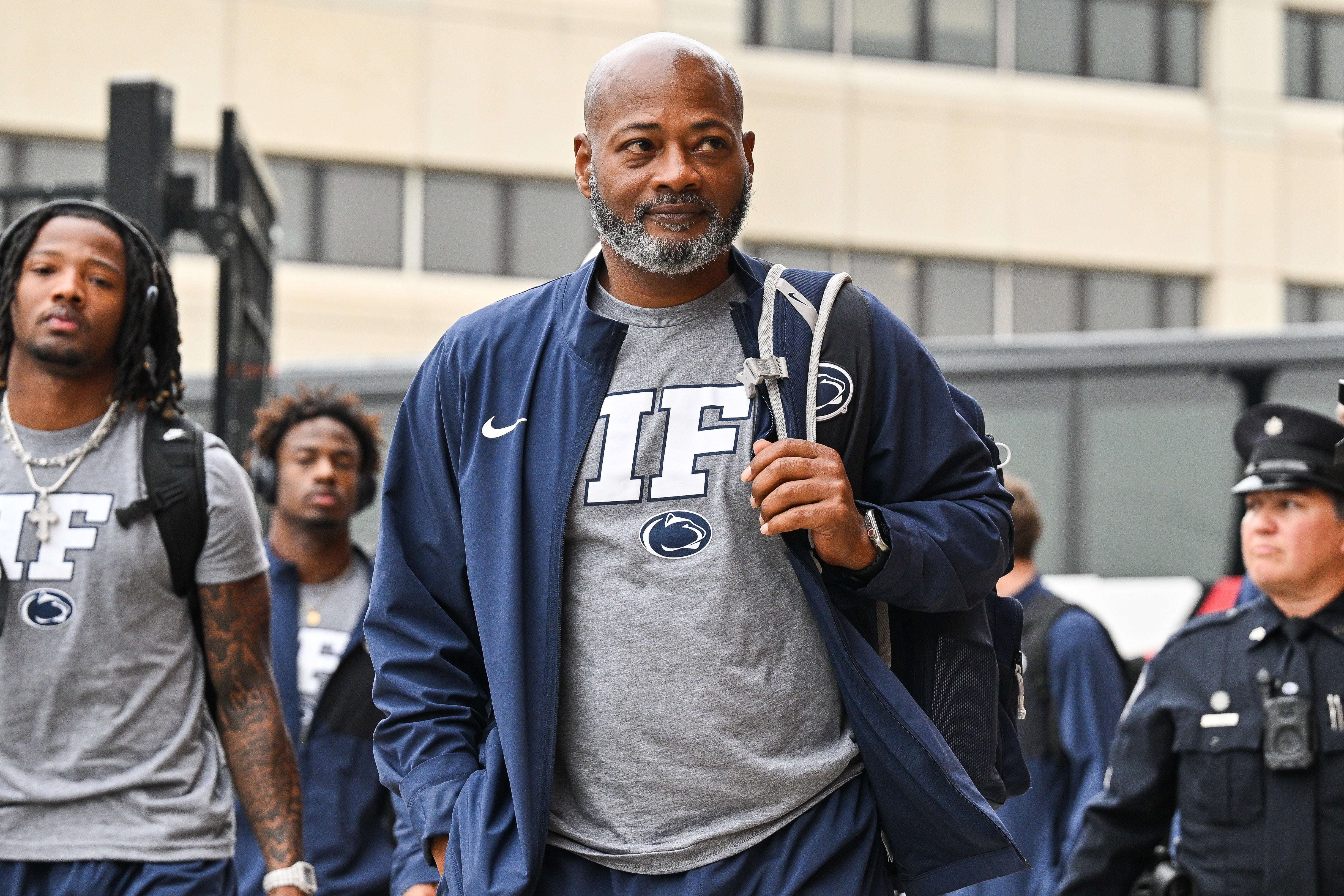 Oct 18, 2025; Iowa City, Iowa, USA; Penn State Nittany Lions interim head coach Terry Smith enters Kinnick Stadium before the game against the Iowa Hawkeyes. Mandatory Credit: Jeffrey Becker-Imagn Images
