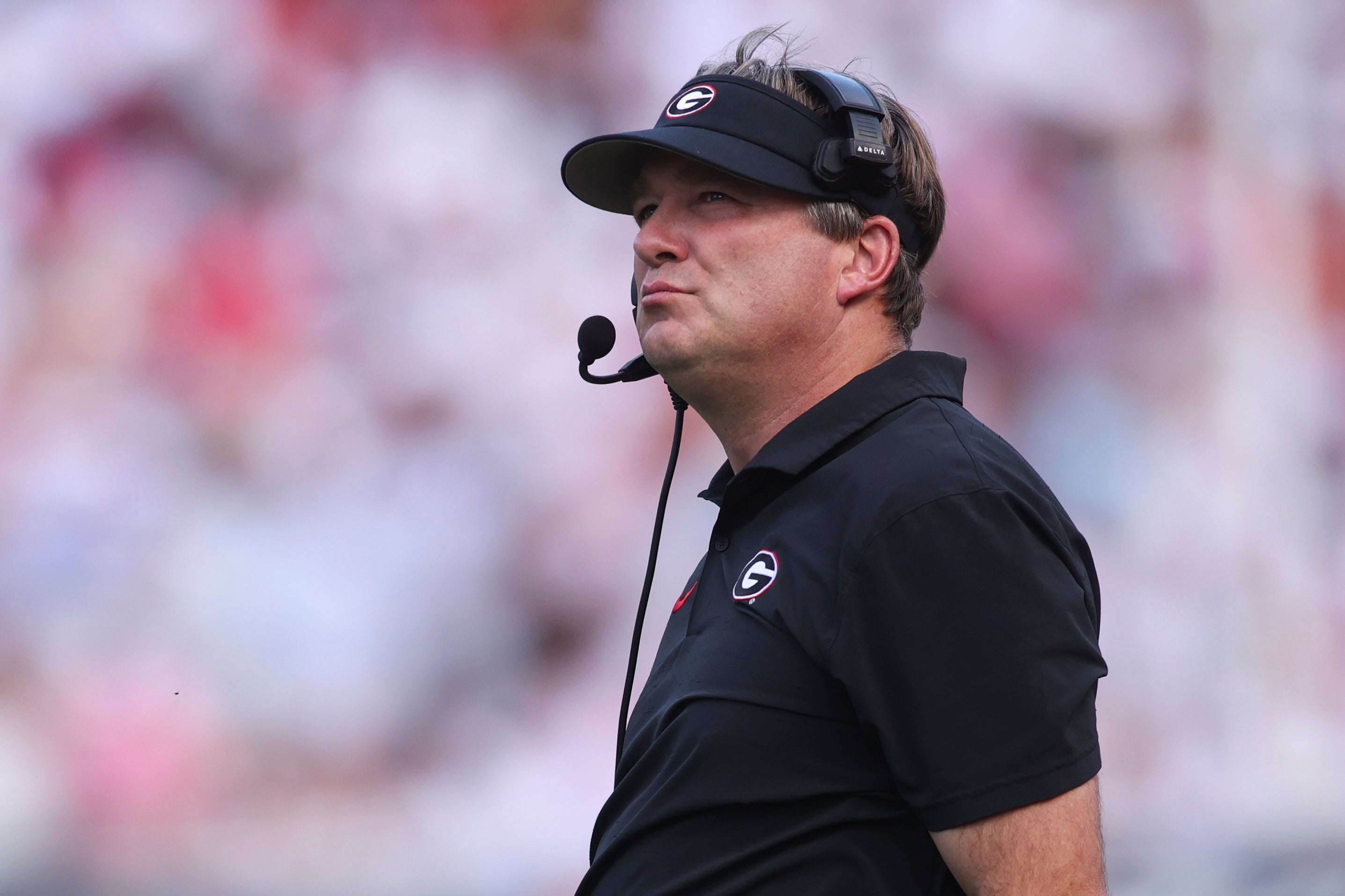 Georgia Bulldogs head coach Kirby Smart reacts during the first half of the game against the Mississippi Rebels at Sanford Stadium.