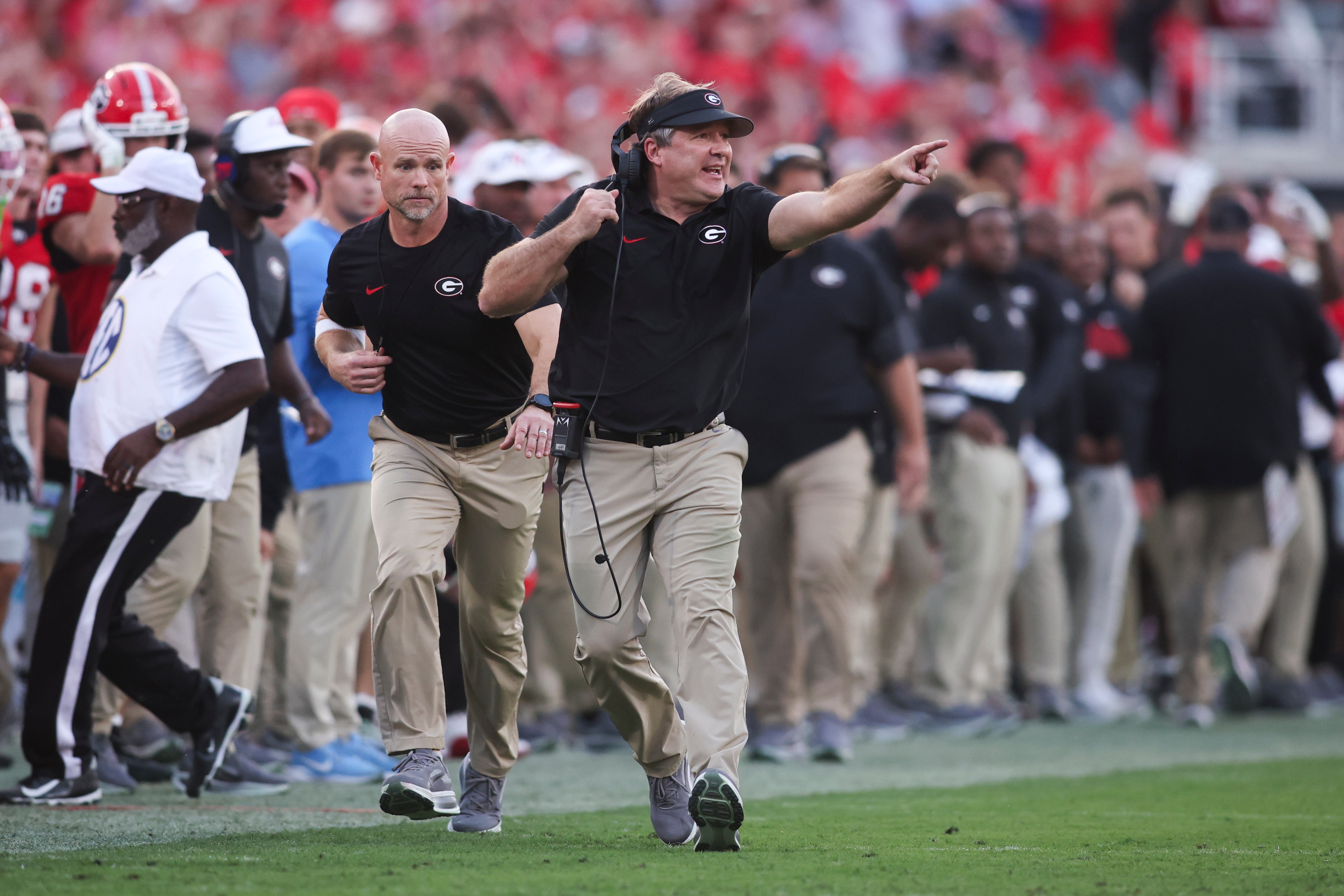Georgia Bulldogs head coach Kirby Smart reacts during the fourth quarter of the game against the Mississippi Rebels at Sanford Stadium.