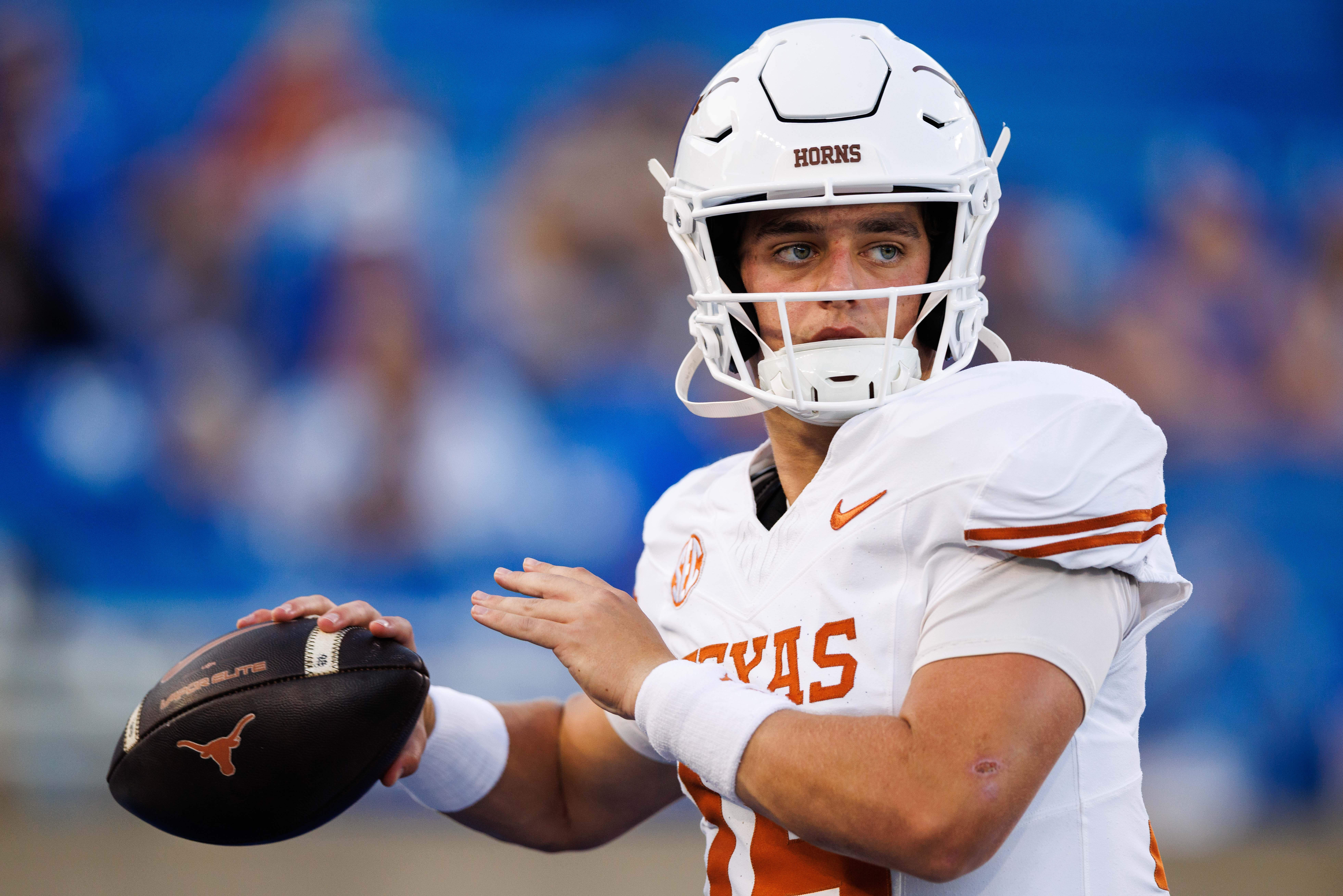 Oct 18, 2025; Lexington, Kentucky, USA; Texas Longhorns quarterback Arch Manning (16) warms up before the game against the Kentucky Wildcats at Kroger Field. Mandatory Credit: Jordan Prather-Imagn Images