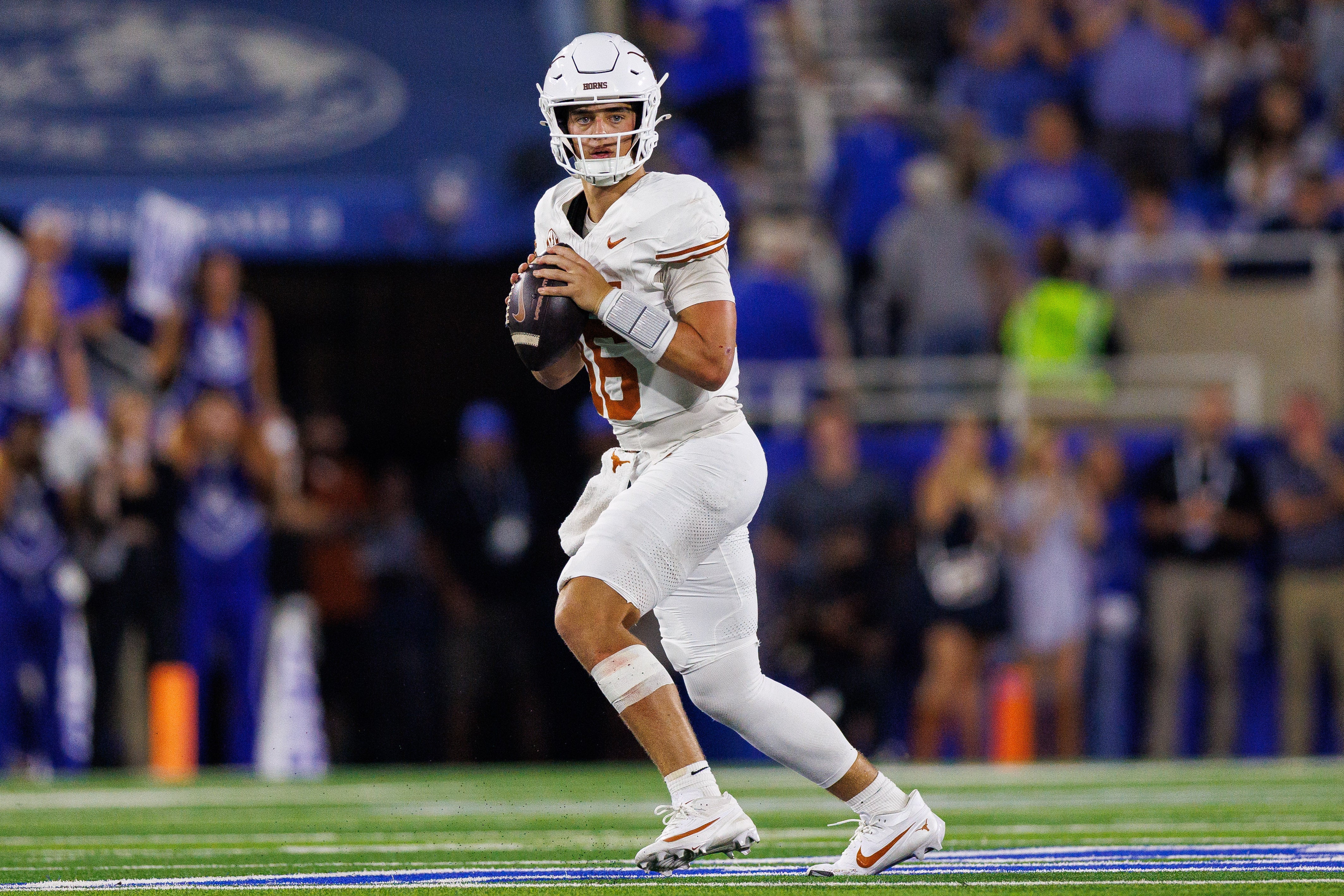Oct 18, 2025; Lexington, Kentucky, USA; Texas Longhorns quarterback Arch Manning (16) looks to pass during the second quarter against the Kentucky Wildcats at Kroger Field. Mandatory Credit: Jordan Prather-Imagn Images