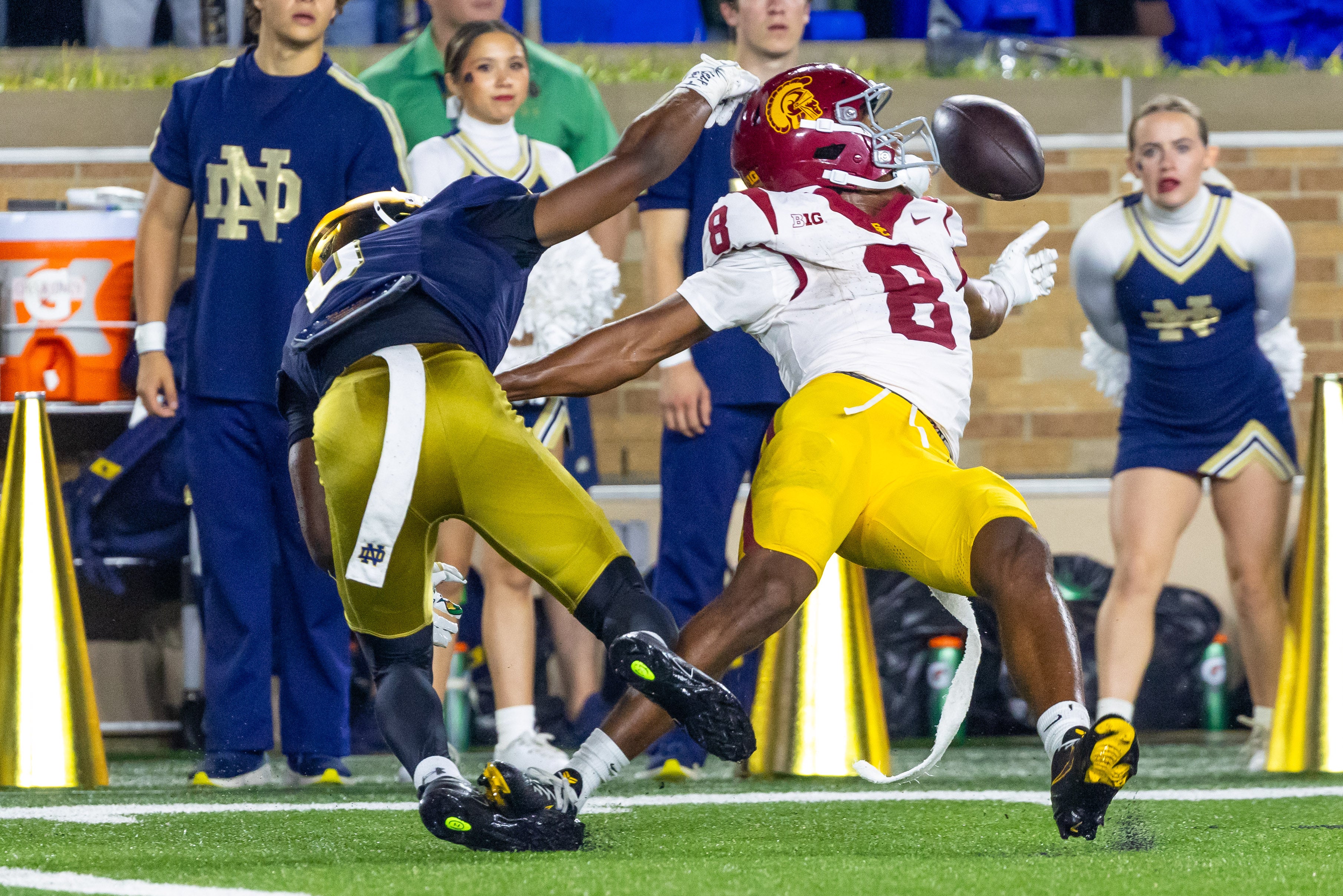 Oct 18, 2025; South Bend, Indiana, USA; Notre Dame Fighting Irish cornerback Christian Gray (6) breaks up a pass intended for Southern California Trojans wide receiver Ja'Kobi Lane (8) during the first half at Notre Dame Stadium. Gray was called for pass interference on the play. Mandatory Credit: Michael Caterina-Imagn Images