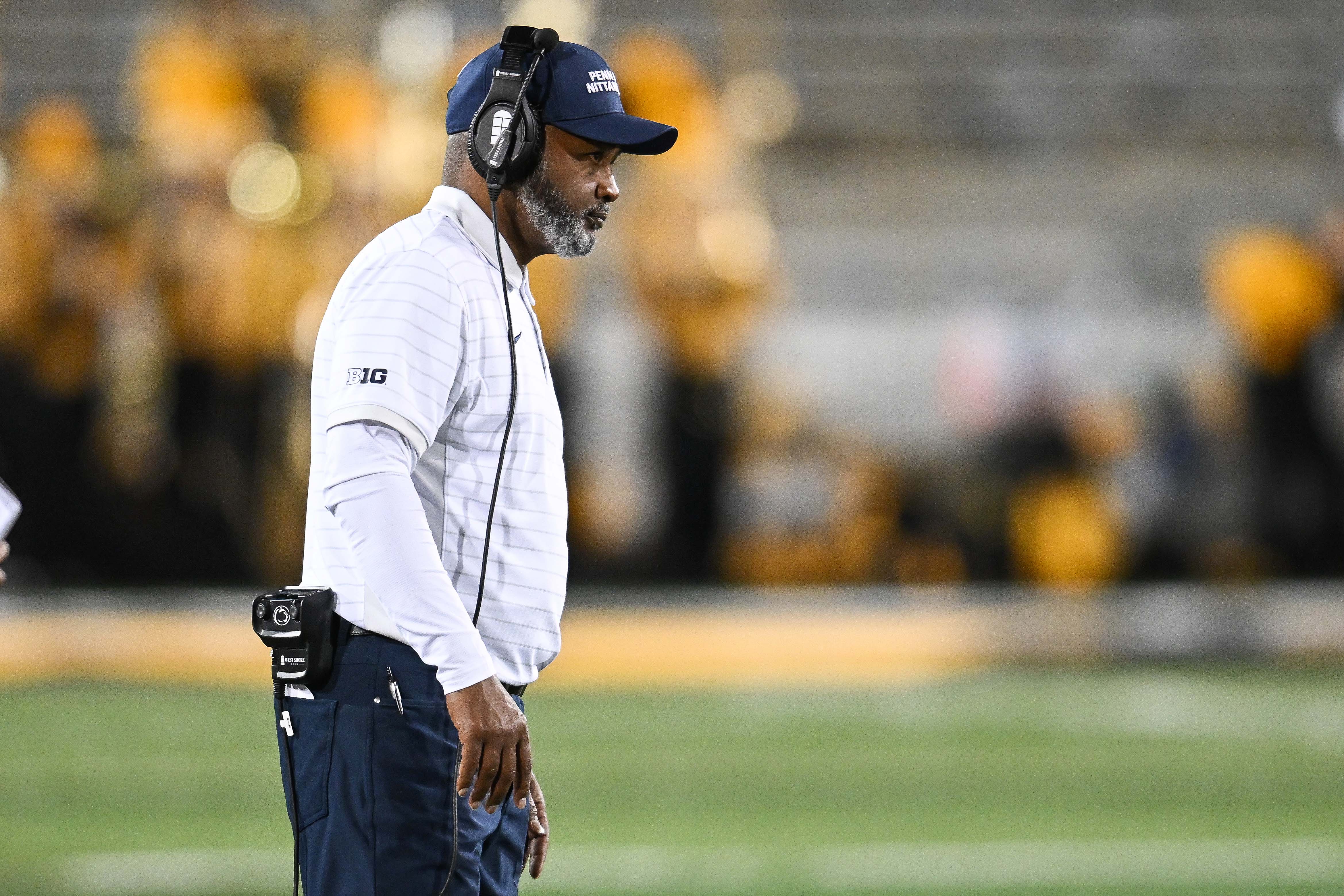 Oct 18, 2025; Iowa City, Iowa, USA; Penn State Nittany Lions interim head coach Terry Smith looks on against the Iowa Hawkeyes during the second quarter at Kinnick Stadium. Mandatory Credit: Jeffrey Becker-Imagn Images