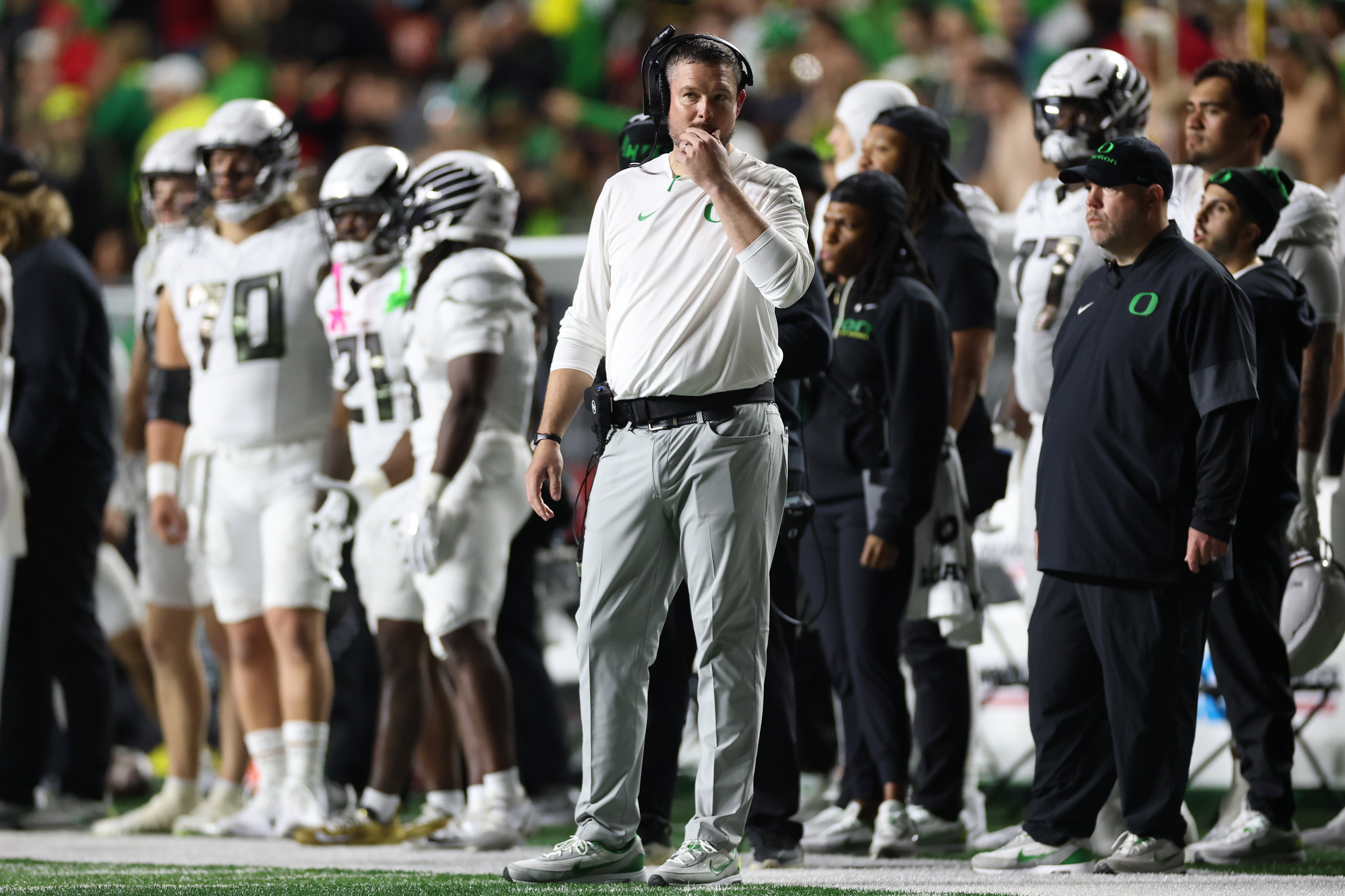 Oct 18, 2025; Piscataway, New Jersey, USA; Oregon Ducks head coach Dan Lanning looks on during the second half against the Rutgers Scarlet Knights at SHI Stadium. Mandatory Credit: Vincent Carchietta-Imagn Images