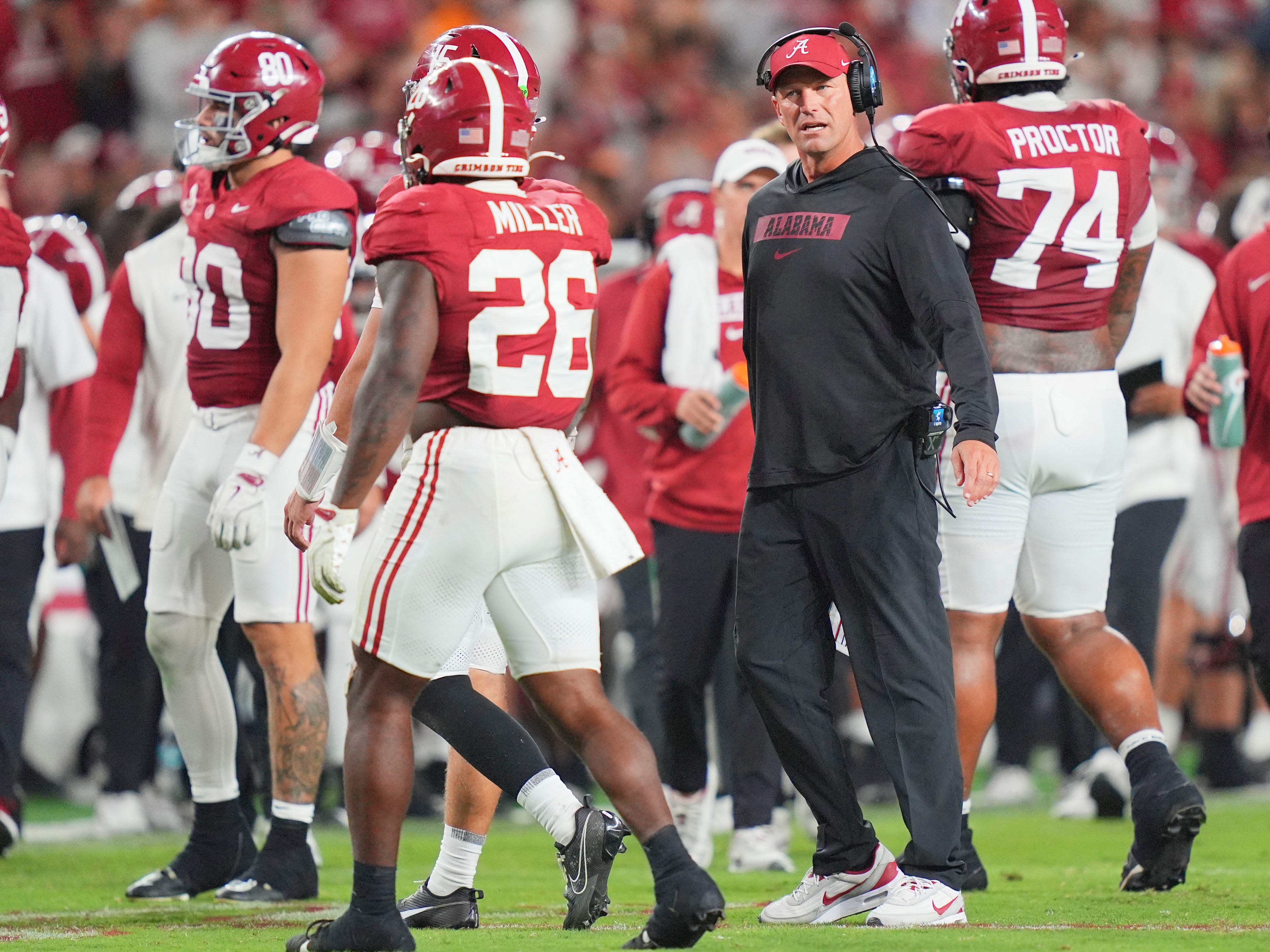 Alabama coach Kalen DeBoer during the college football game against Tennessee at Bryant-Denny Stadium in Tuscaloosa, Ala., on Oct. 18, 2025.