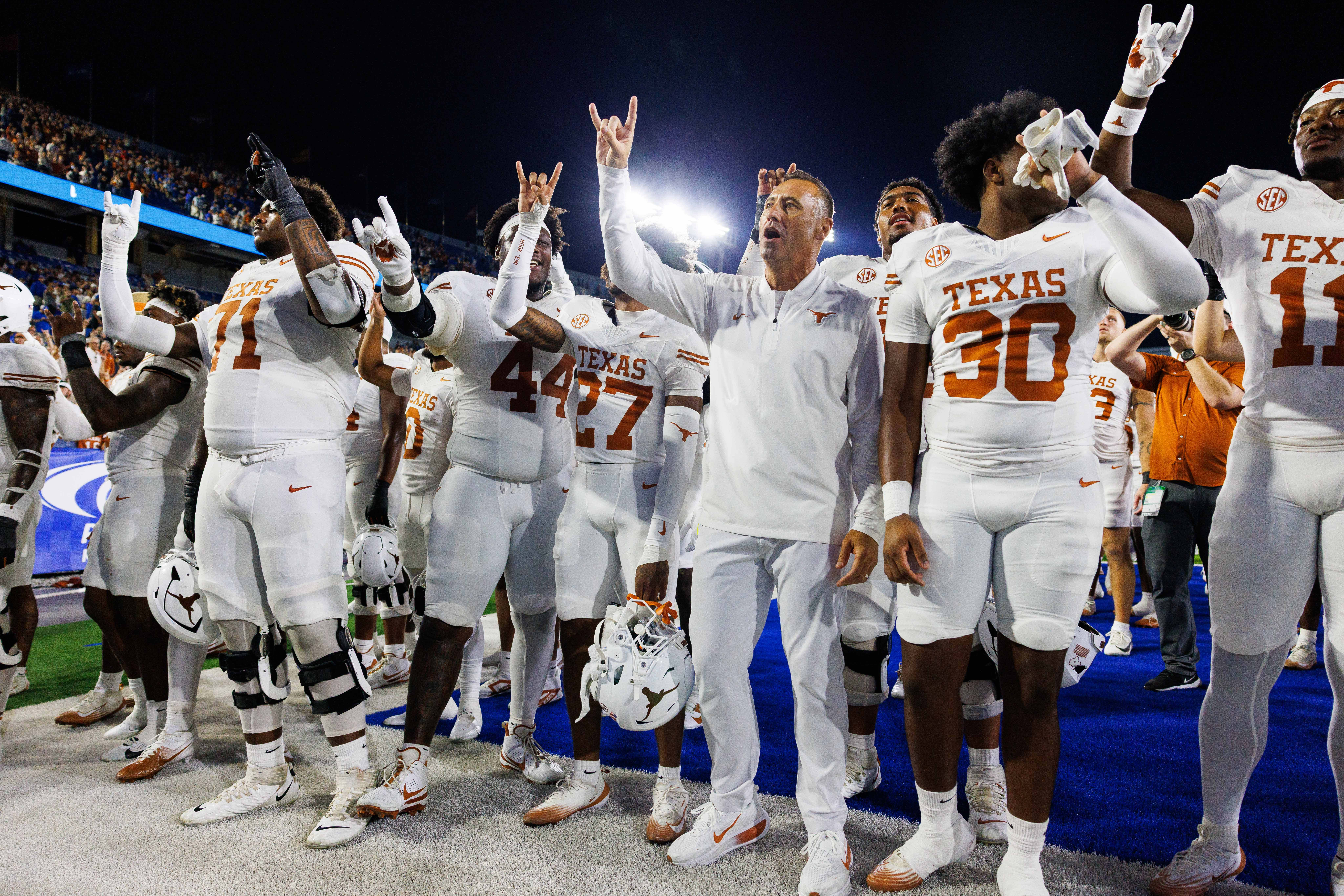 Oct 18, 2025; Lexington, Kentucky, USA; Texas Longhorns head coach Steve Sarkisian celebrates with his team after winning the game against the Kentucky Wildcats at Kroger Field. Mandatory Credit: Jordan Prather-Imagn Images